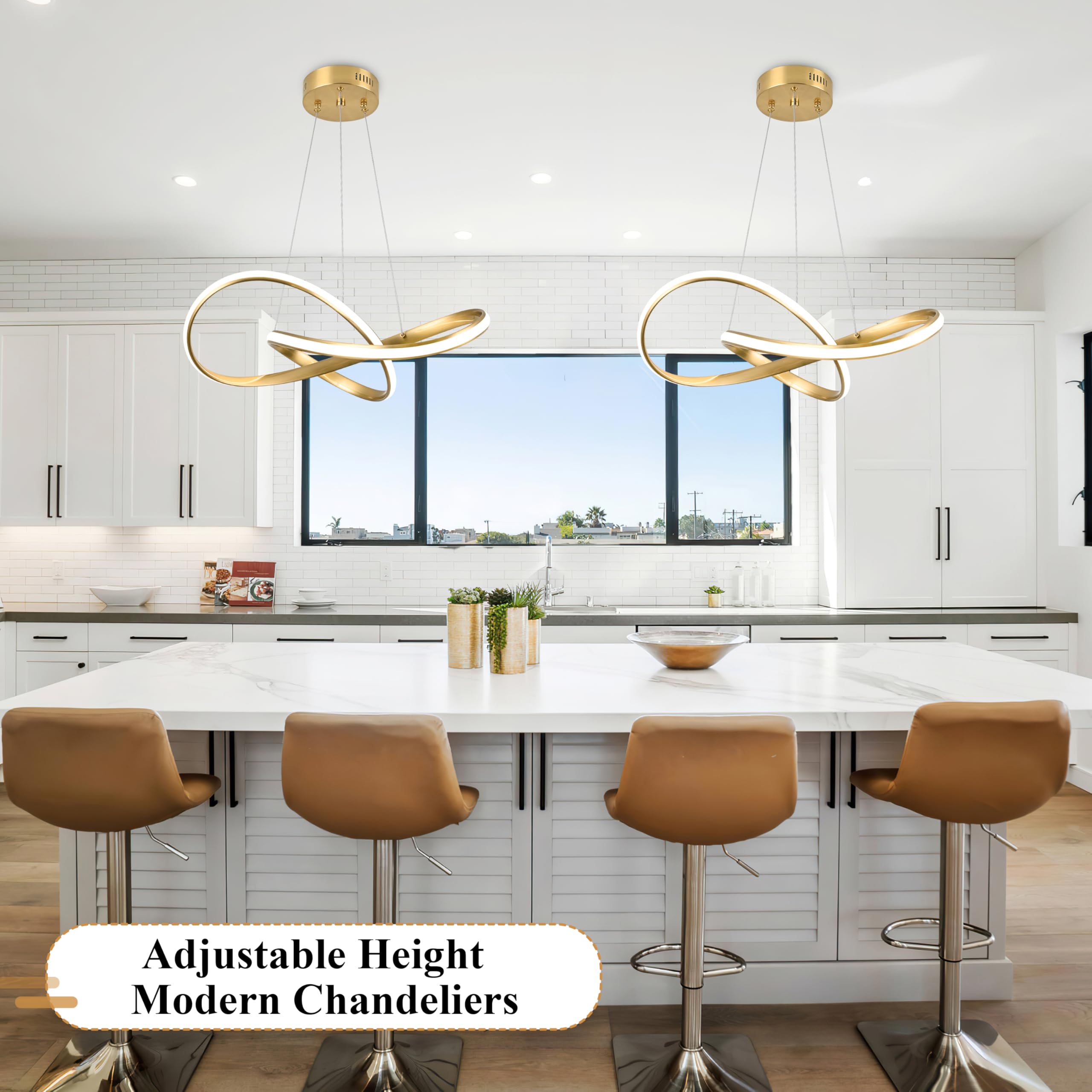 Mccokaige 20in Gold Modern LED Chandelier, Dimmable, H79 Adjustable, Metal, Model SYC-55-J