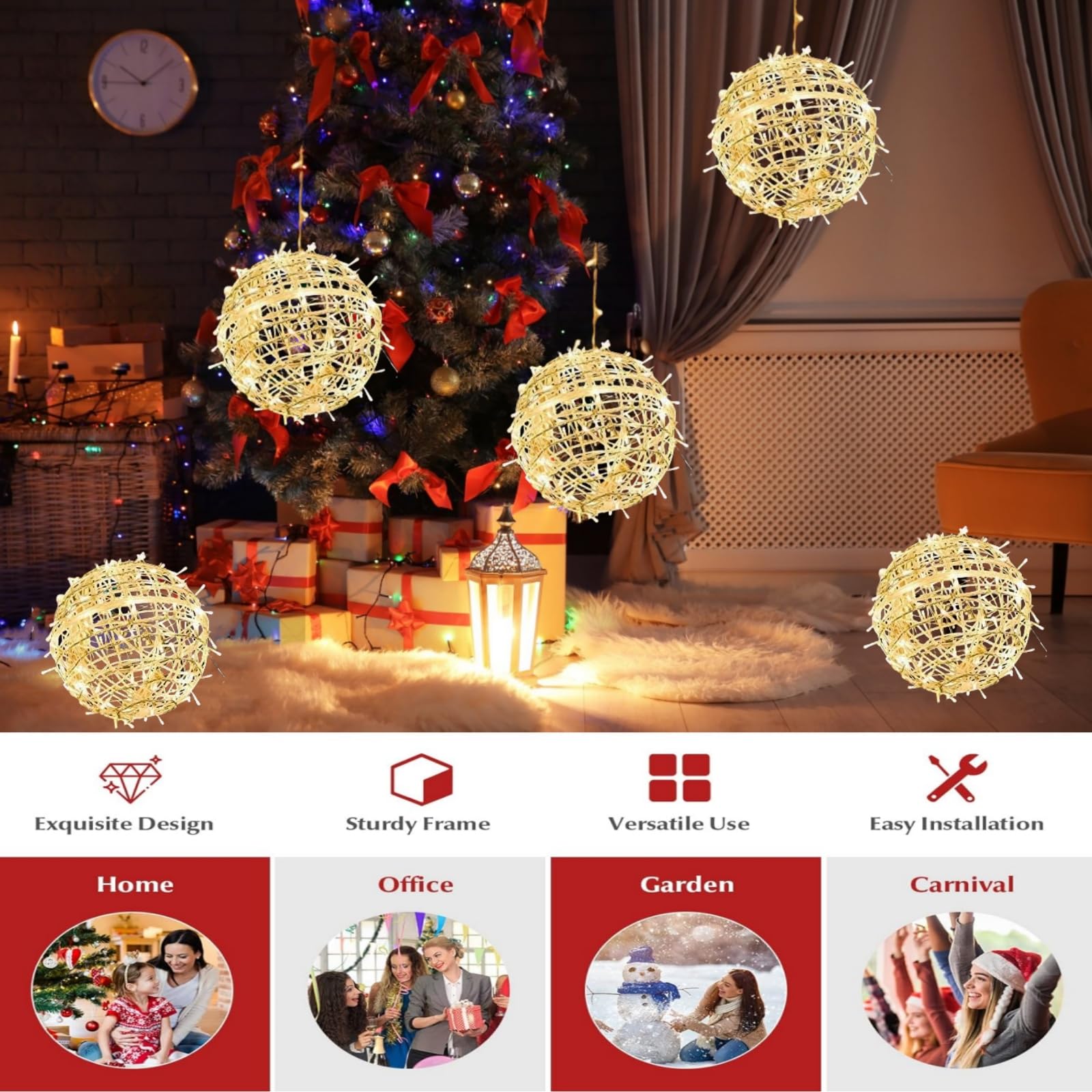 Outdoor Balls String Lights 4 Pack Hanging 7.9&quot; Led Garden Sphere Tree Lights 8 Modes Waterproof Glow Globe Lights With Memory Timer Plug For Yard Porch Patio Balcony Deck Indoor Home Decor-Warm White