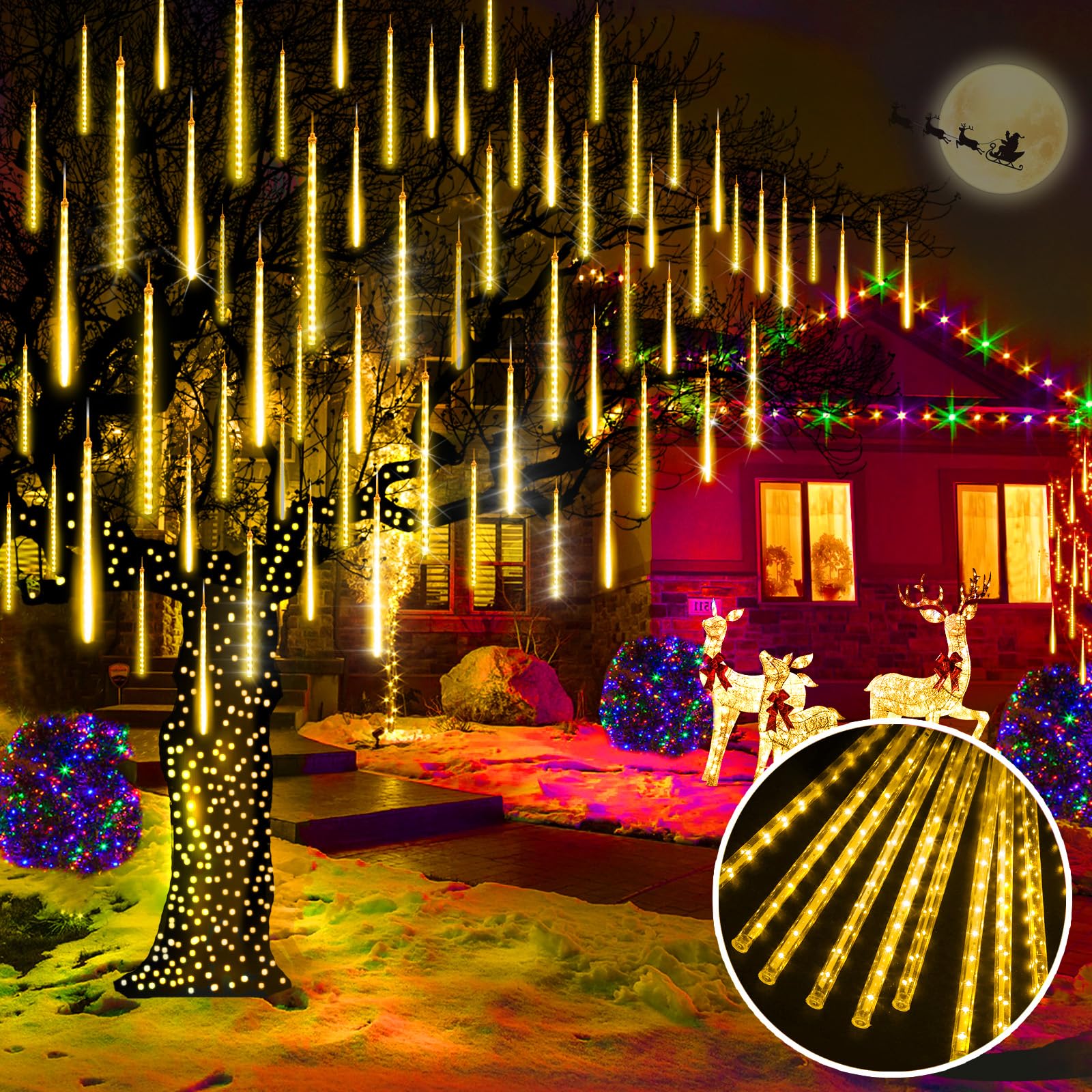 KNONEW LED Meteor Shower Lights, 40 Tubes, Warm White, Waterproof, Model KN-1000-LIG168-01, for Xmas Tree, Wedding, Garden Decorations