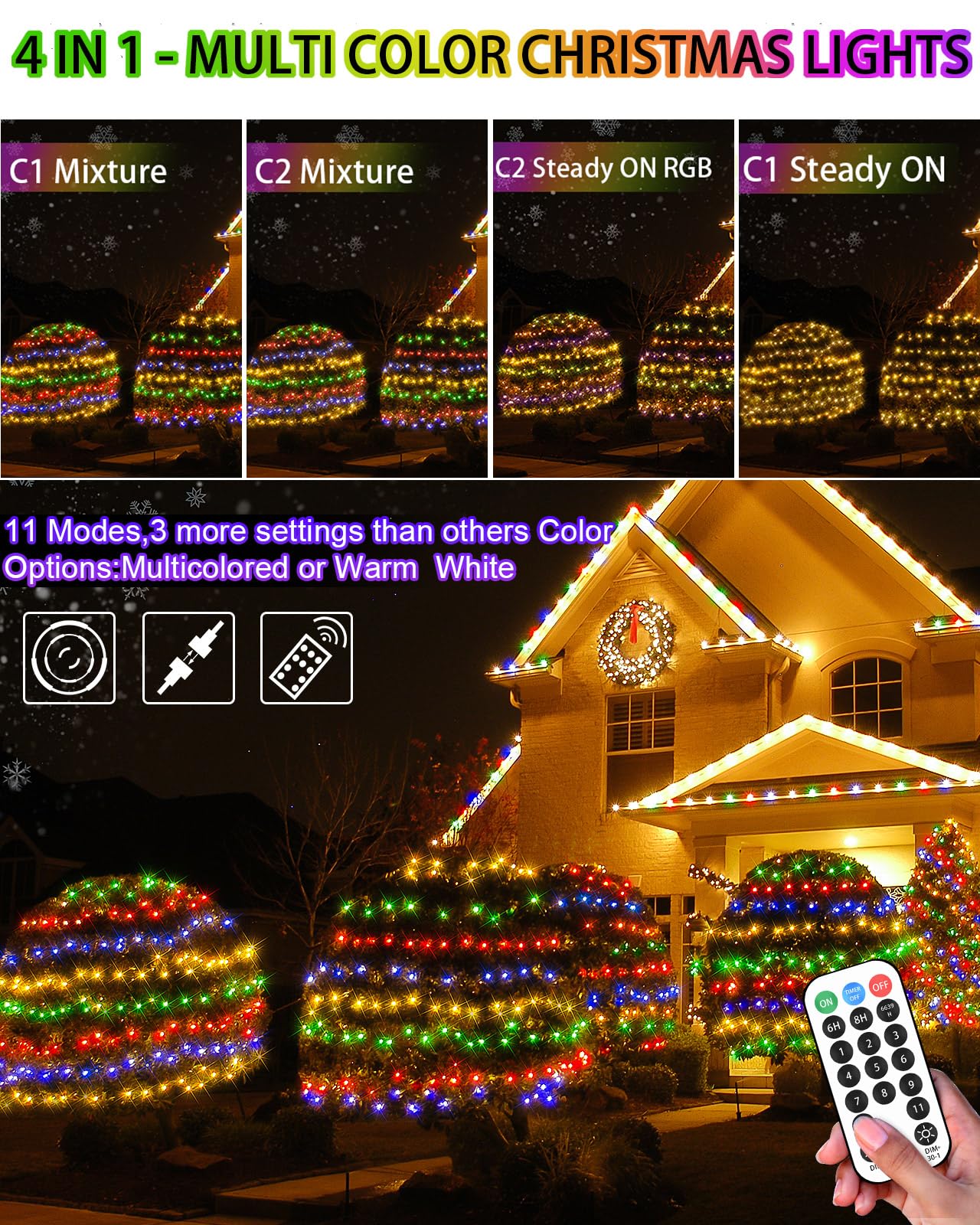 12Ft X 5Ft Christmas Net Lights Outdoor, 360 Led Bush Mesh Lights Lights With Remote, 11 Modes Color Changing Halloween Lights F