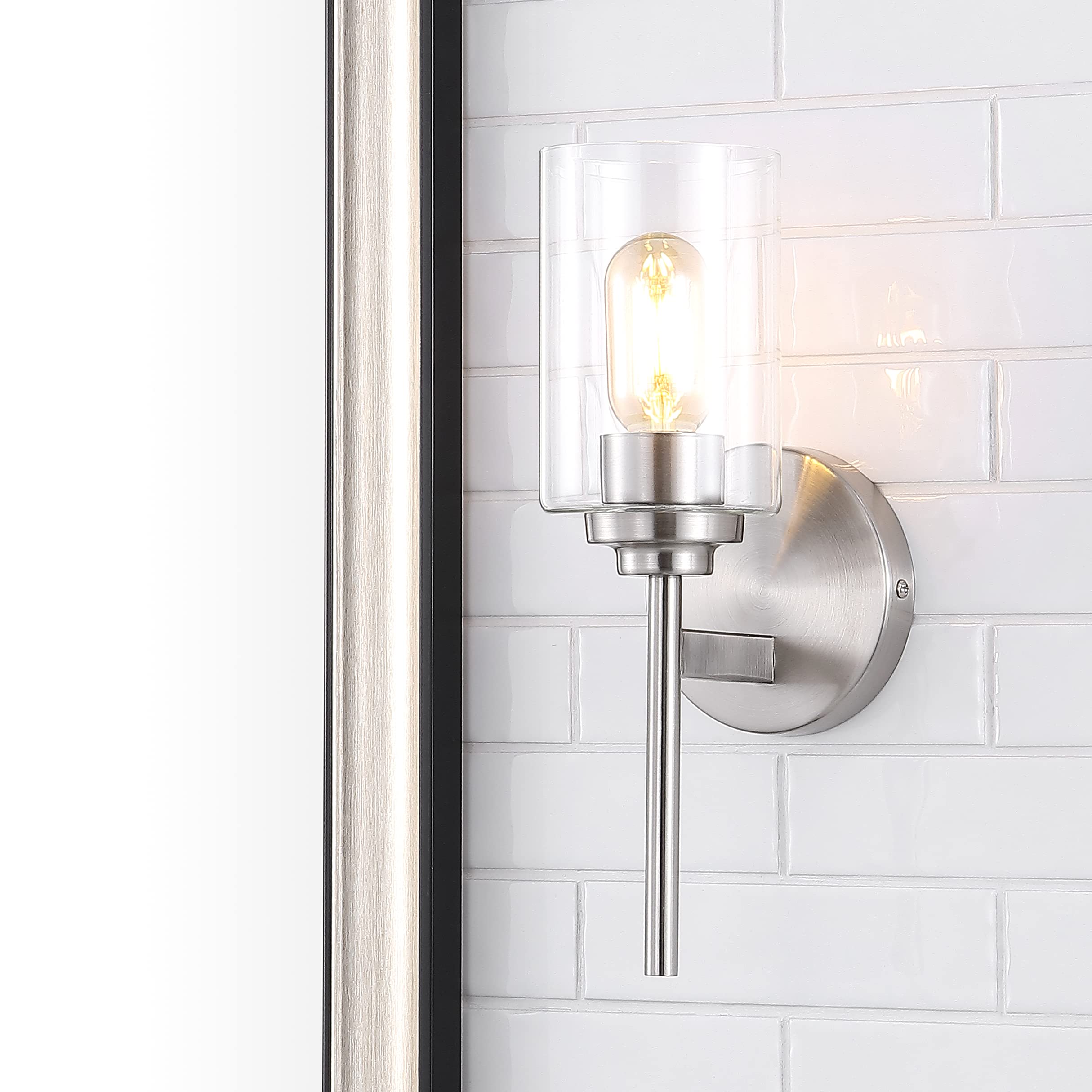 JONATHAN Y JYL9547C 1-Light LED Sconce, Nickel/Clear, Metal, Modern Farmhouse, 13in Cylinder Design for Entryway, Kitchen, Bathroom