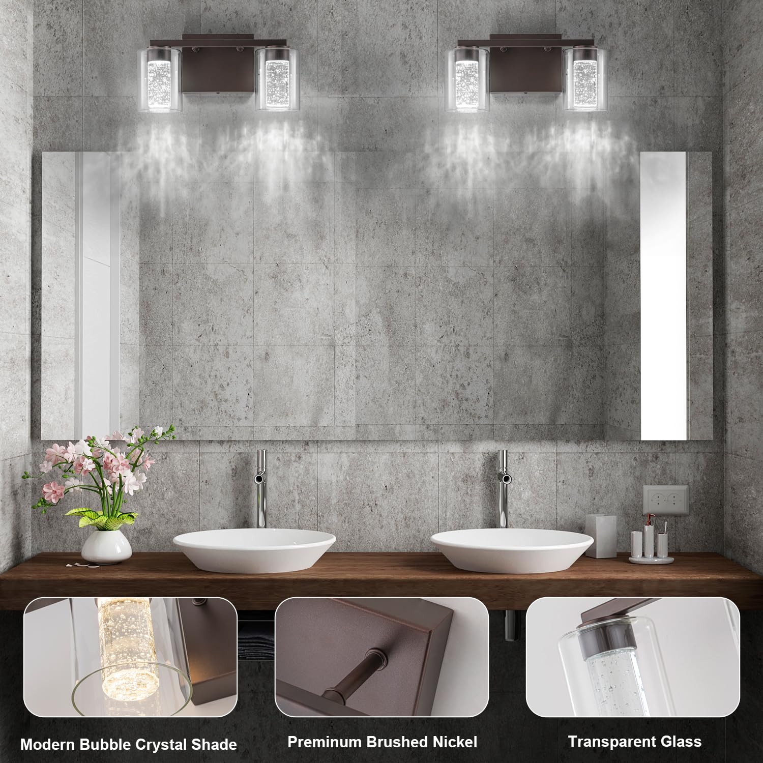 Sinerise 2-Light Bronze Vanity Light With 3 Color Modes (3000K/4000K/6000K), Eye Protection Led Bathroom Light Fixture, Dimmable