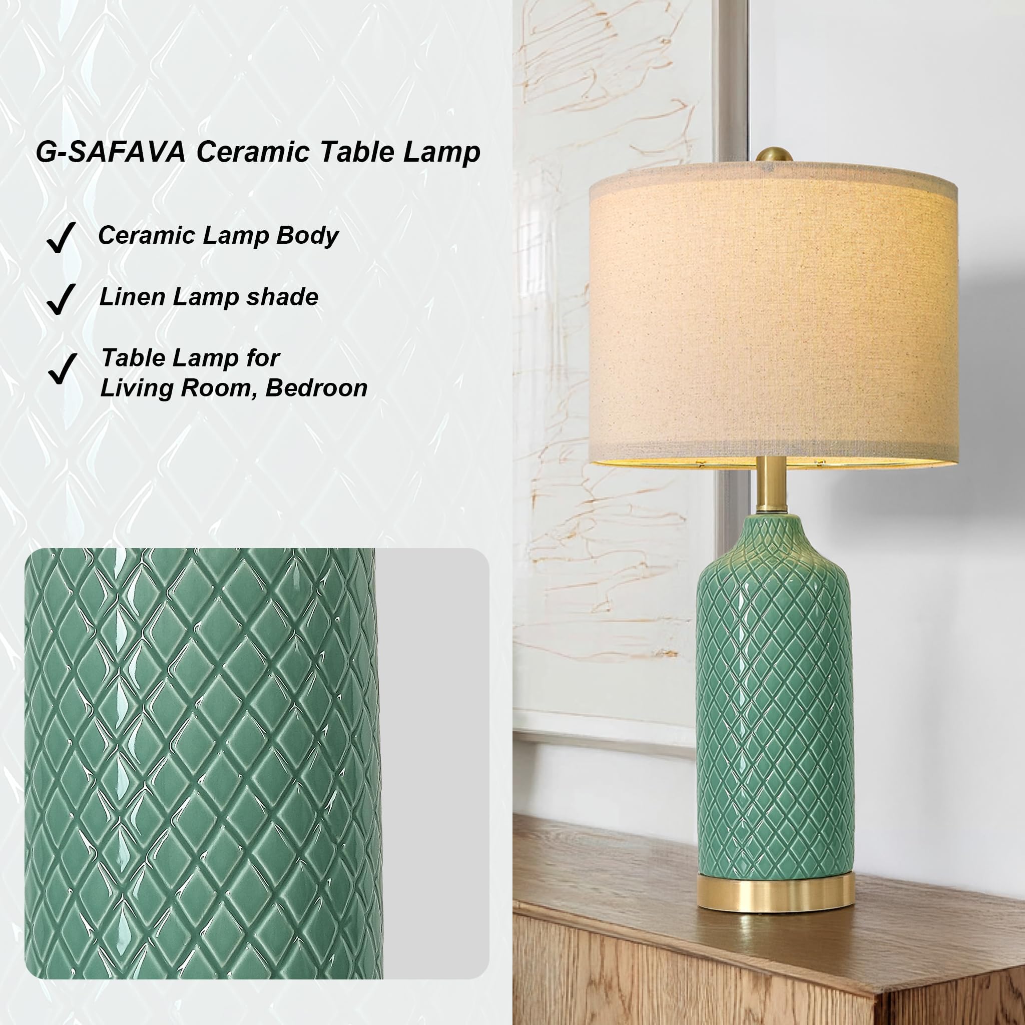 G-Safava24.25 Modern Ceramic Green Table Lamps Set Of 2 For Living Room  Farmhouse  Bedside  Bedroom  Side & End Tables Nightstand Light Home Office Desk Lamps Gifts