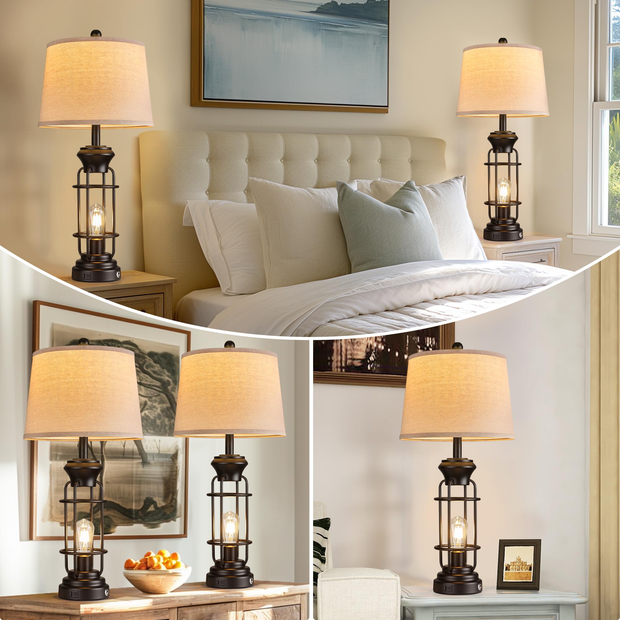 Bzzmmb Black Table Lamps Set Of 2, 28.5'' Farmhouse Lamps For Living Room With Usb C+A Ports, Touch Lamps For Bedroom, Led Bulbs