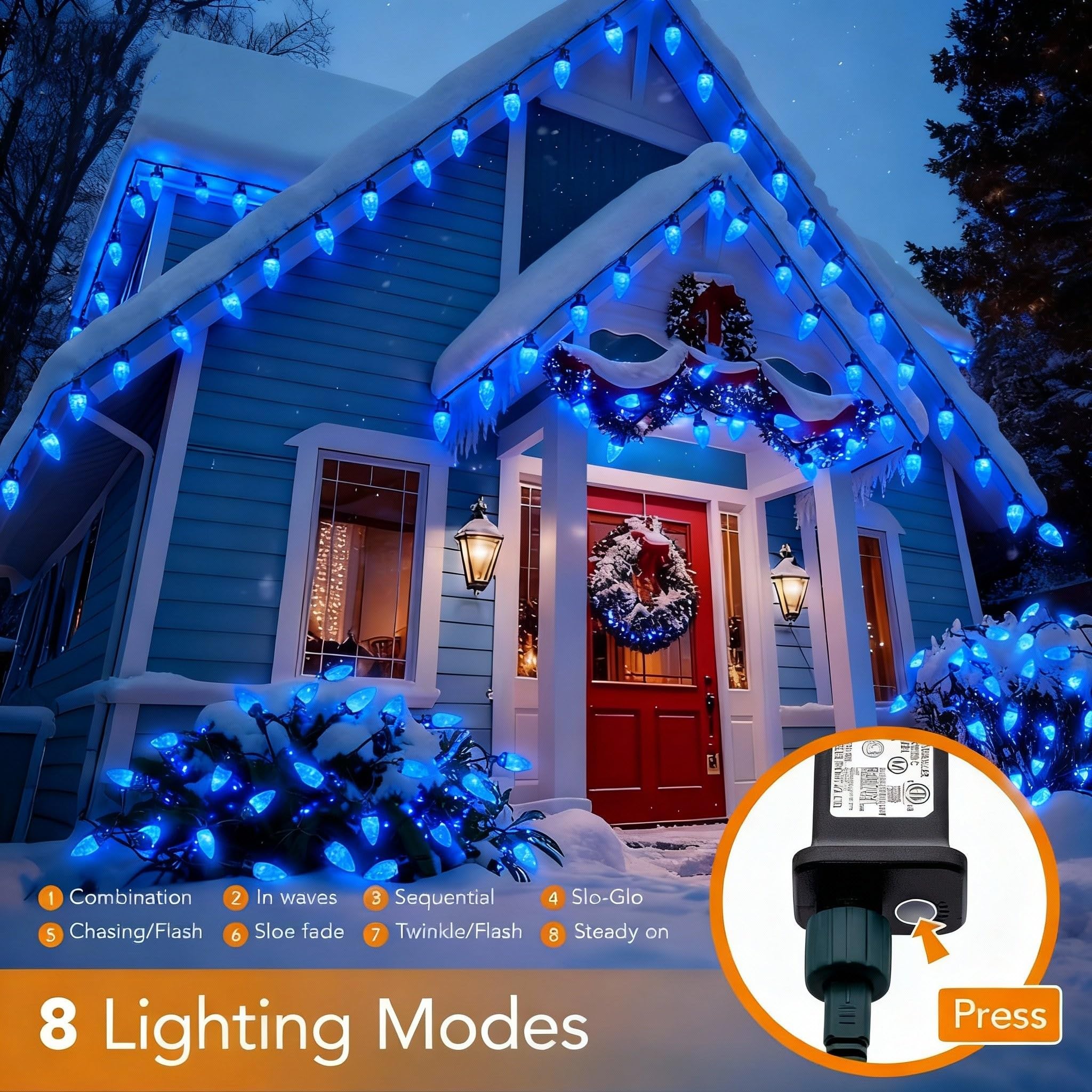 Ucutely C9 Led Christmas Lights Outdoor 33 Feet 50 Led 8 Lighting Modes Waterproof Connectable Christmas String Lights For Outside Roofline Patio Home Xmas Decorations (Blue)