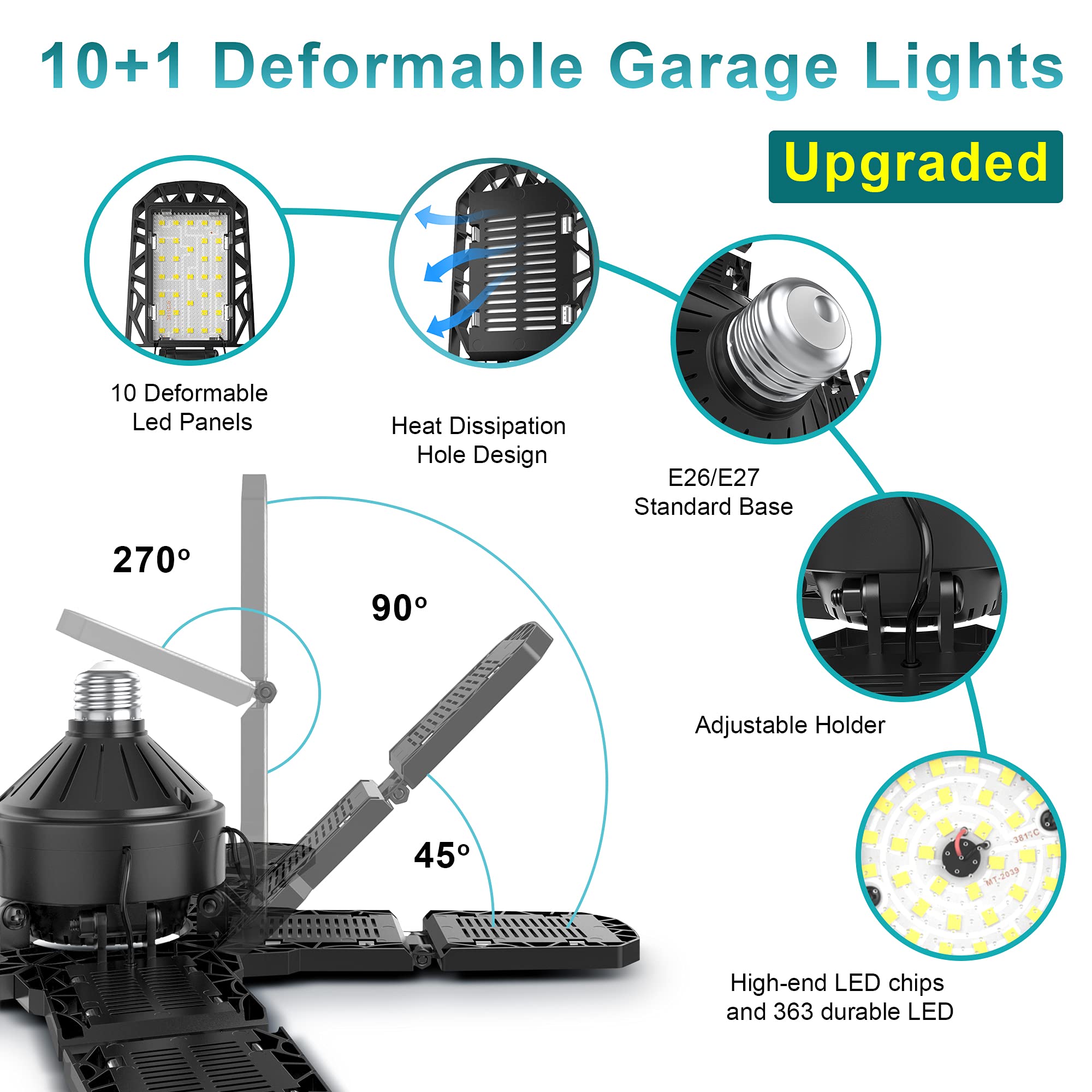 Nexillumi 4-Pack LED Garage Light 180W 18000LM Deformable Ceiling Lighting E26/E27 Black Polycarbonate