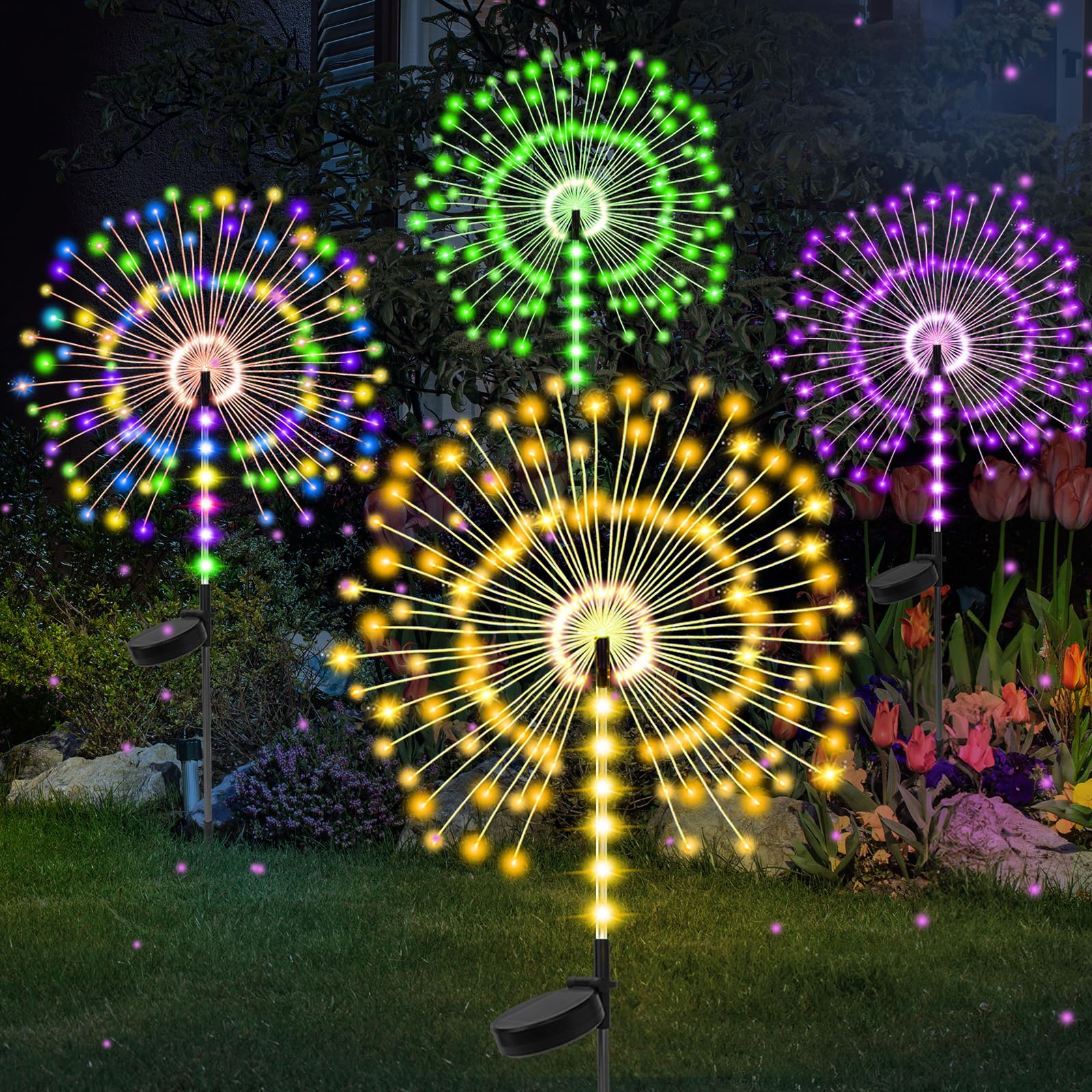 4 Pack 500LED Solar Garden Lights Outdoor  Dual Lighting Modes Firework Lights Solar Powered  Waterproof Twinkle Fairy Light Outside for Yard Christmas Party Decorative(Green Purple White Colorful