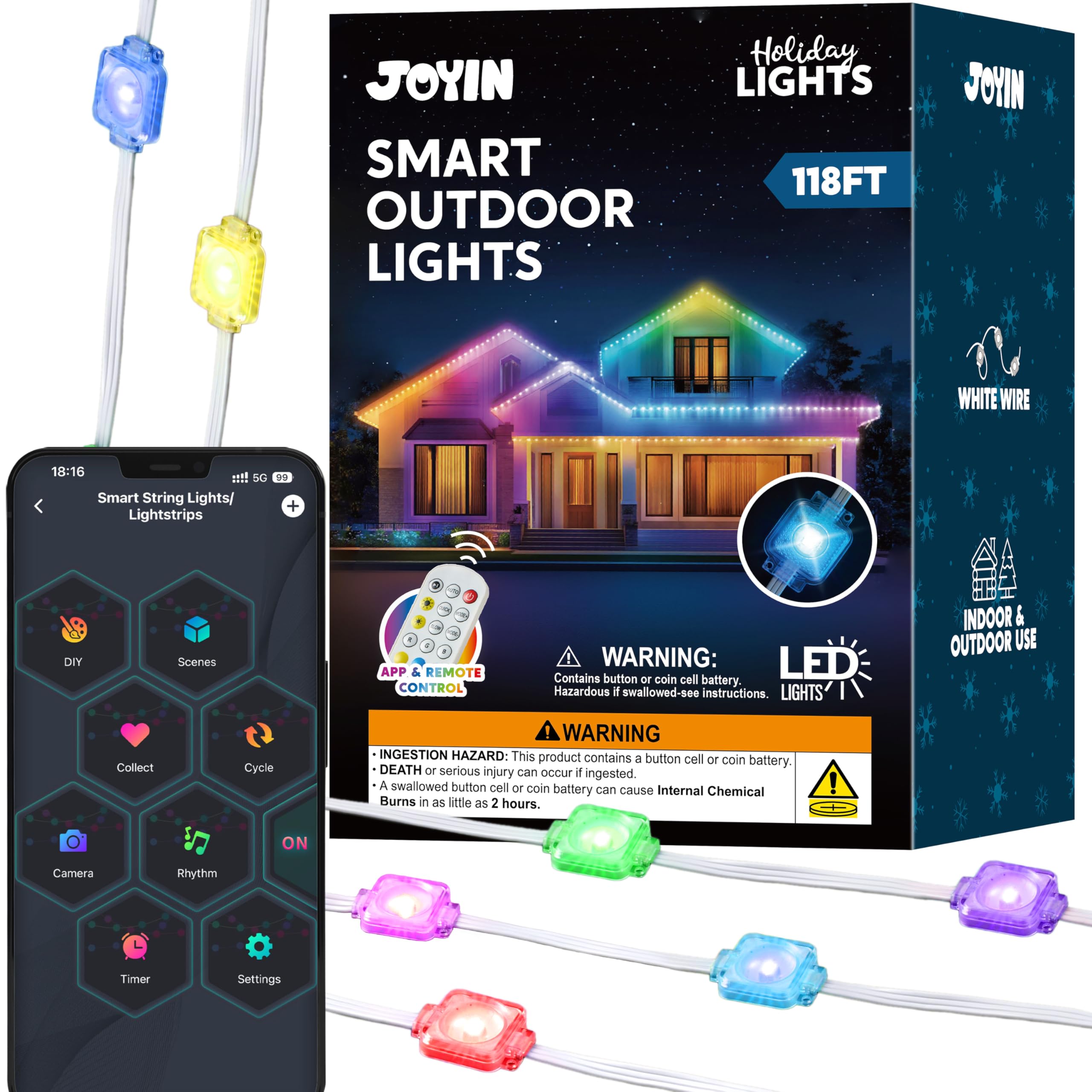 JOYIN Christmas Lights Outdoor, 118ft Multicolor LED Strip, Waterproof, App & Remote Control, Model GVLDIC24V72-T-IR-J95