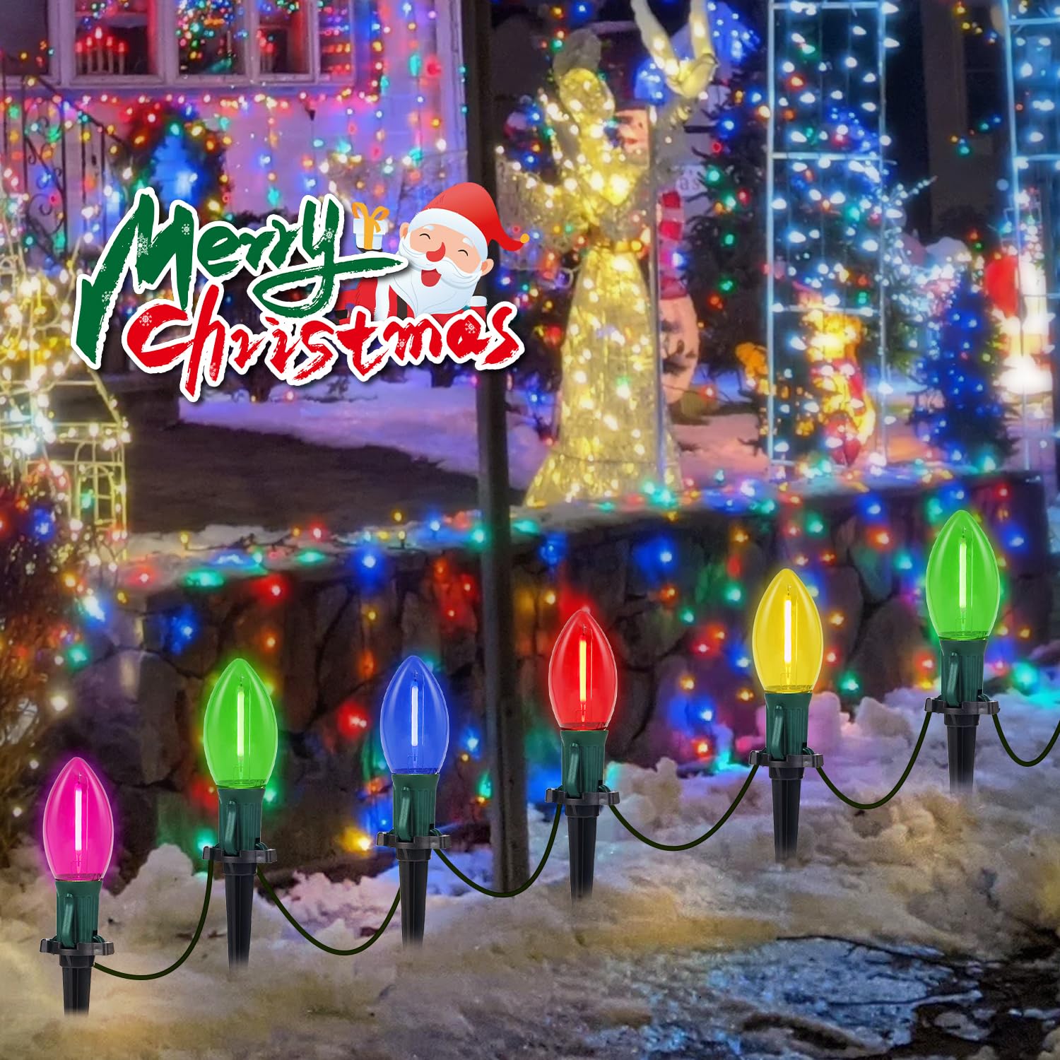 C9 Led Christmas Pathway Lights, 38Ft Multi-Color Christmas Pathway String Lights With 25 Multi-Color Led Light Bulbs And Stakes