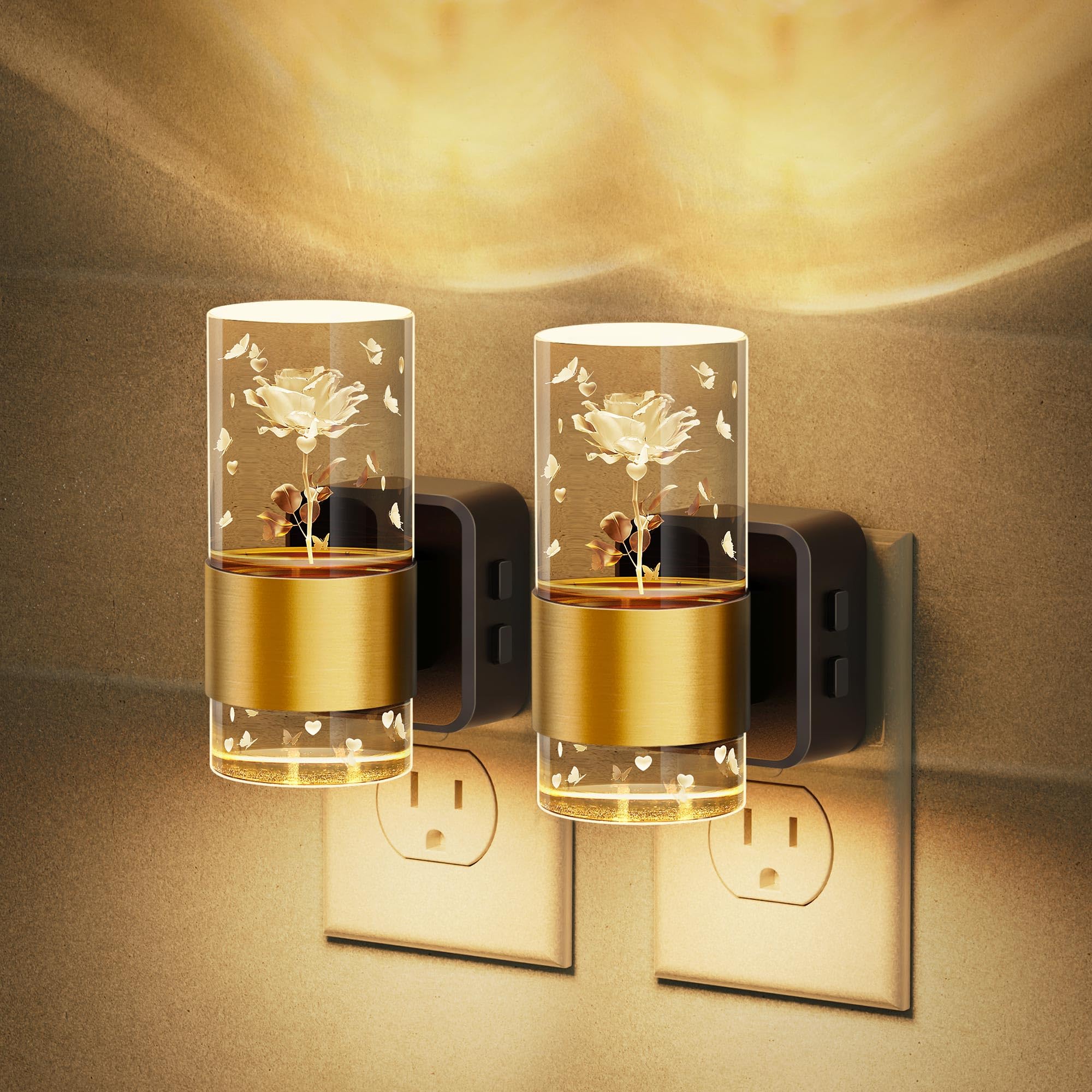 Jandcase Night Lights Plug Into Wall,2 Pack Rose Carved Night Light For Girls, 3000K+Rgb 10-Color Led Nightlight With Dusk To Da