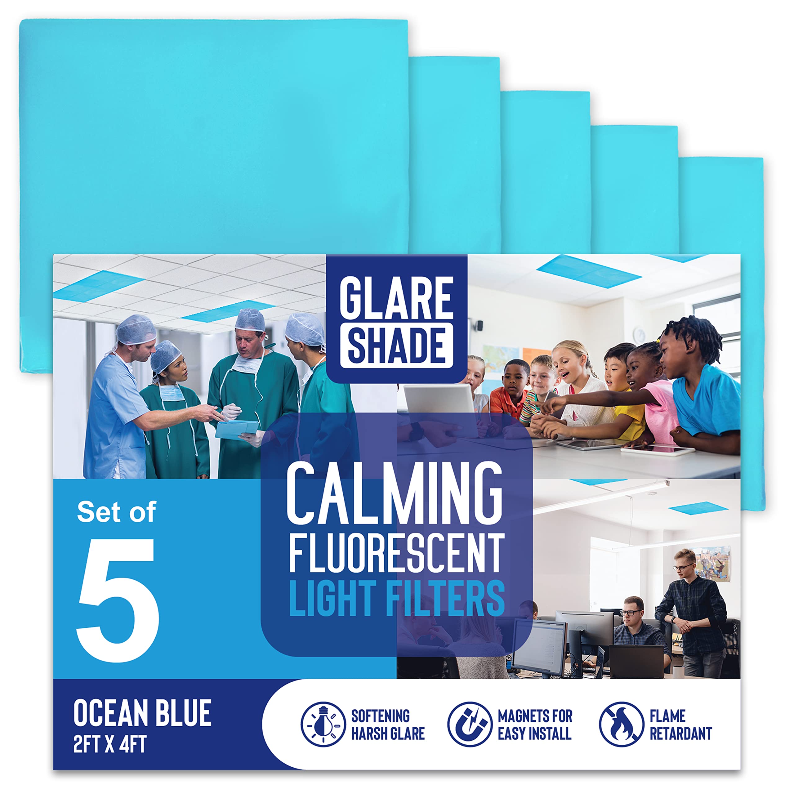 Glareshade Fluorescent Light Covers For Classroom Or Office | Magnetic Fluorescent Light Covers For Ceiling Lights Provide Relief From Glare, Headaches, & Sensory Overload | 5 Count Blue