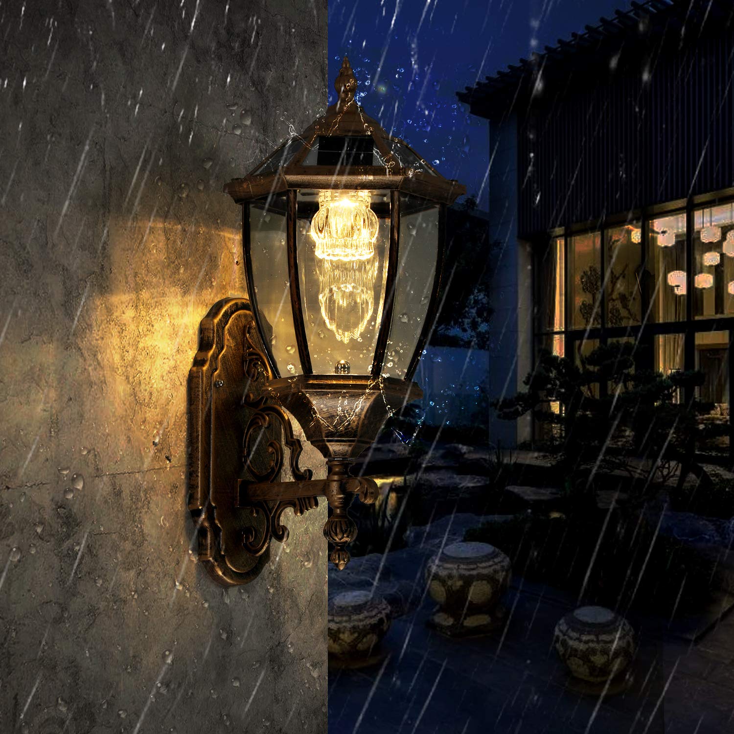 Lovefindahome Solar Wall Lamp With Light Sensor, Waterproof Outdoor Led Hexagonal Light Fixture For Garage, Front Porch, Fence,