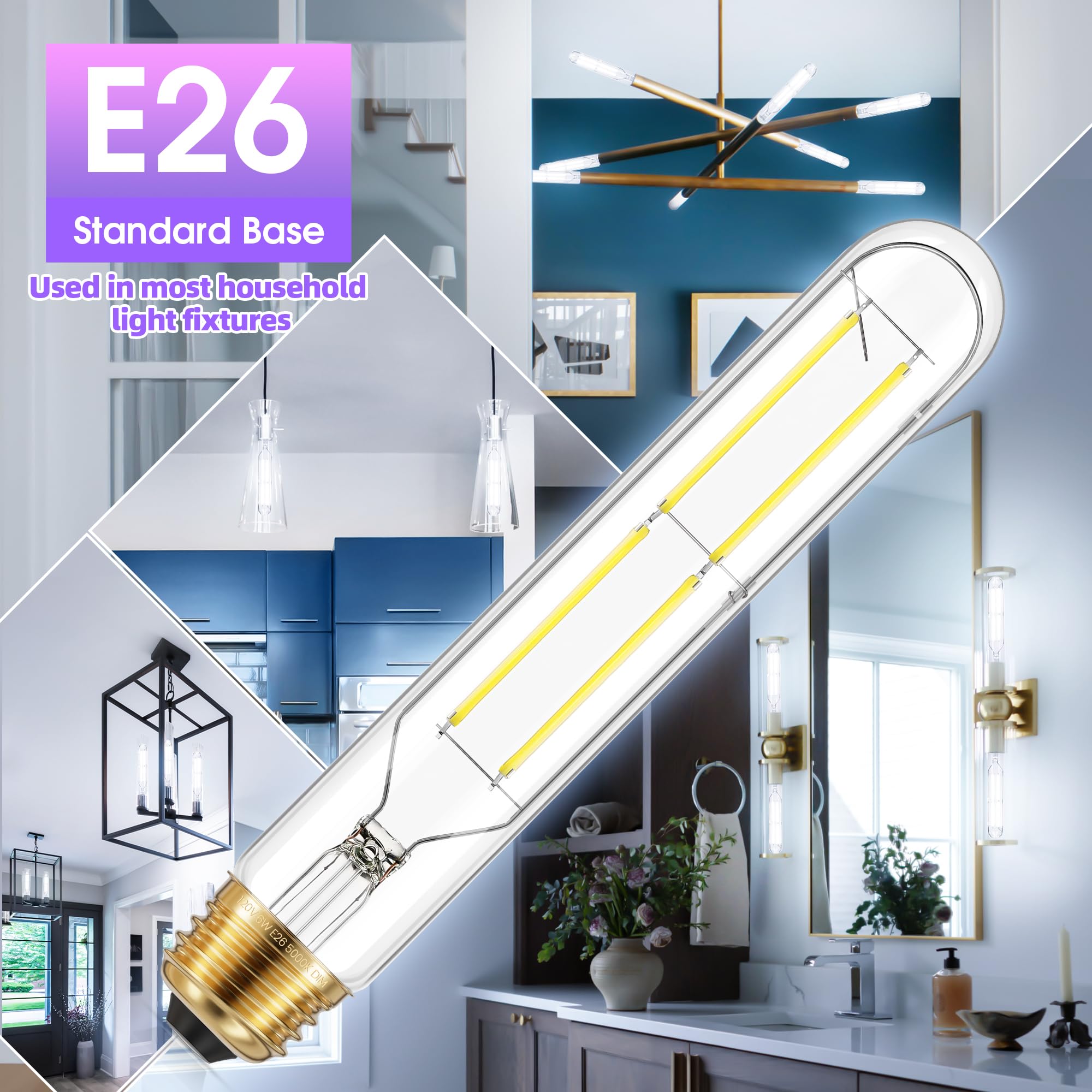 Ggoying Dimmable E26 Led Bulb 60W Equivalent, 600Lm Daylight White 5000K E26 Edison Bulbs, 6W 7.3 Inch Tubular T10 Led Bulb For