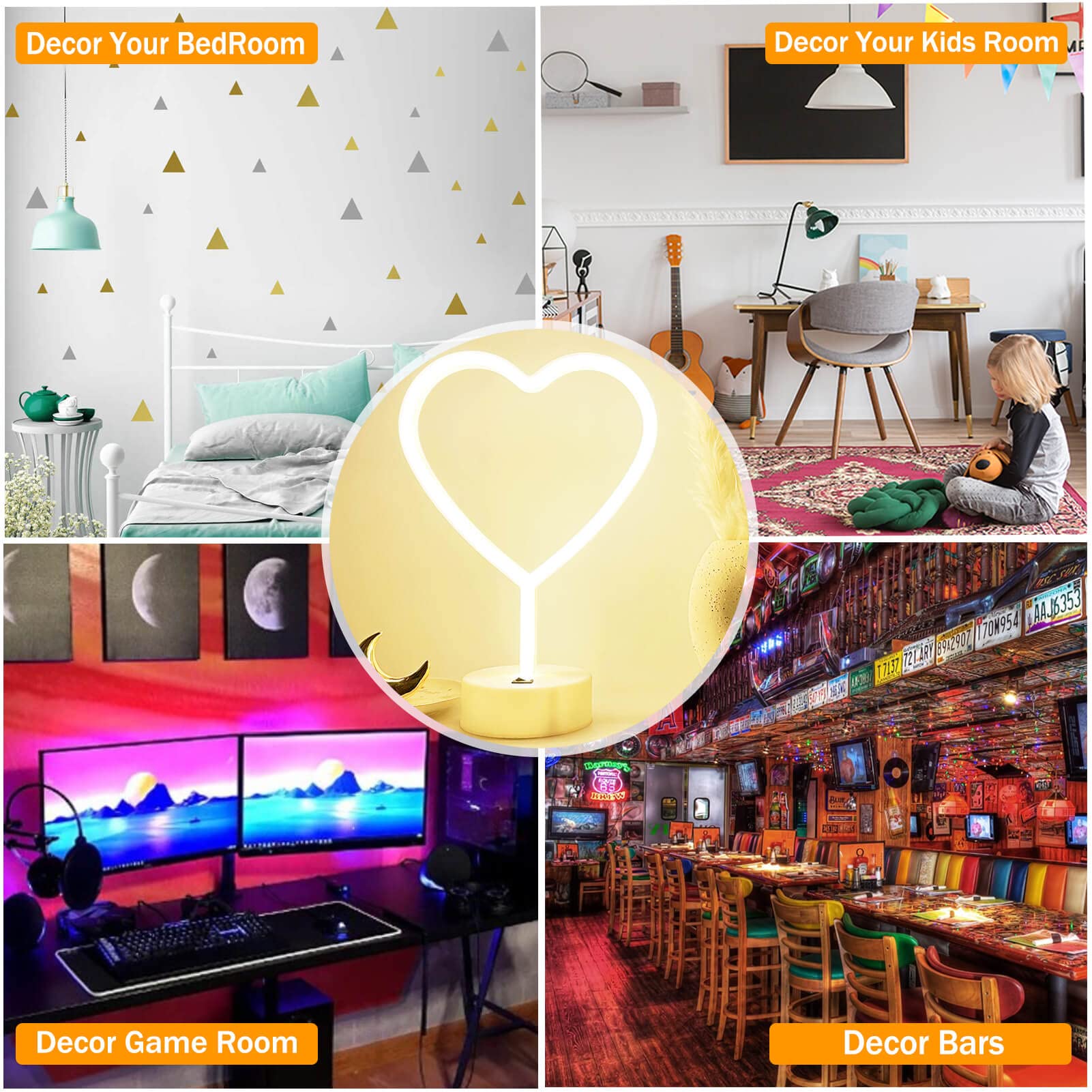 VIFULIN Heart Shaped Led Heart Lamp Neon Heart Lights Decor, Light up Heart Led Light Sign Heart Neon Sign with Base, Neon Heart