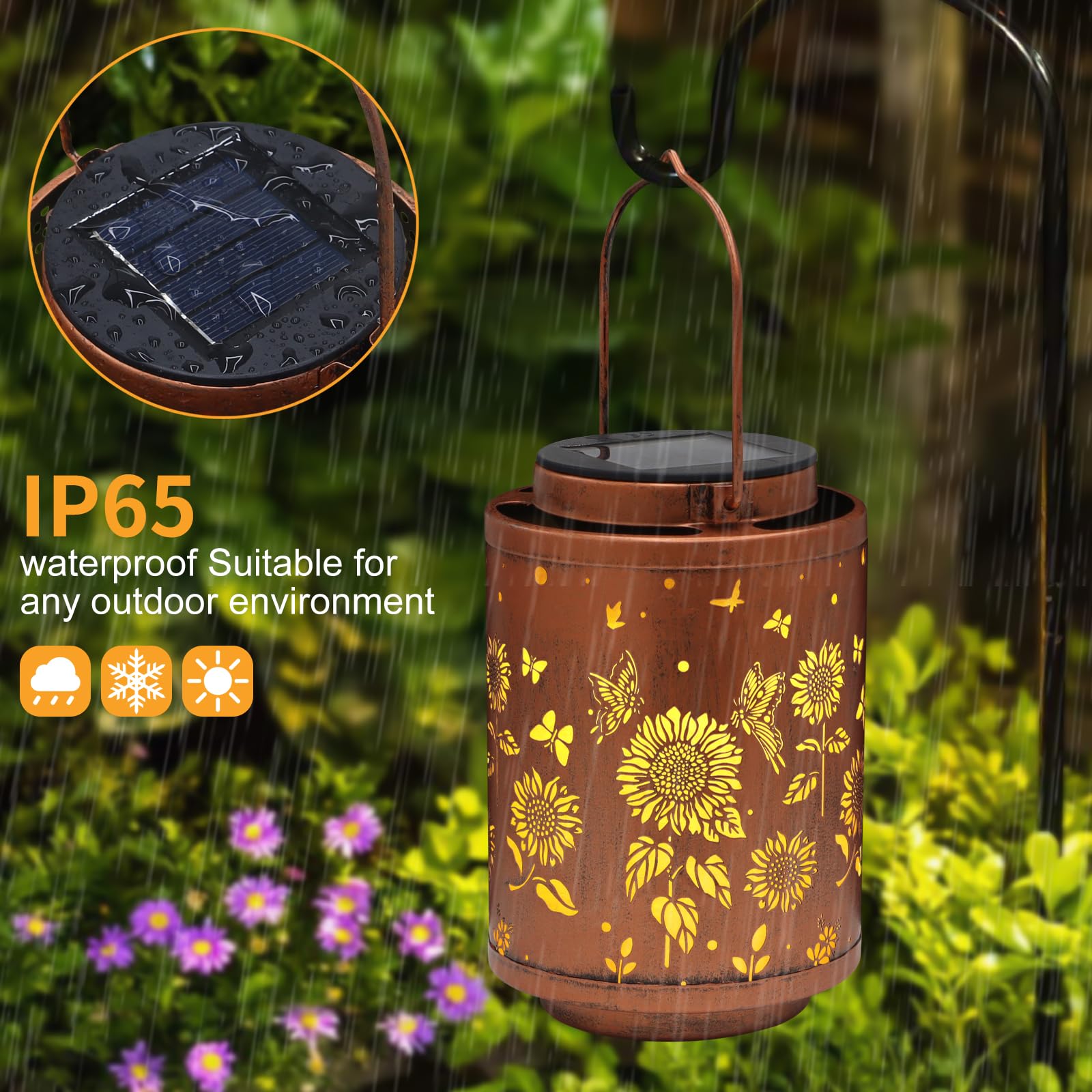 Tepaken 2 Pack Solar Outdoor Lanterns, Garden Decor Led Light Hanging Waterproof Solar Metal Lantern Birthday Gifts For Women Mon Grandma Sunflower Solar Lights Outdoor Decoration(Butterflies)