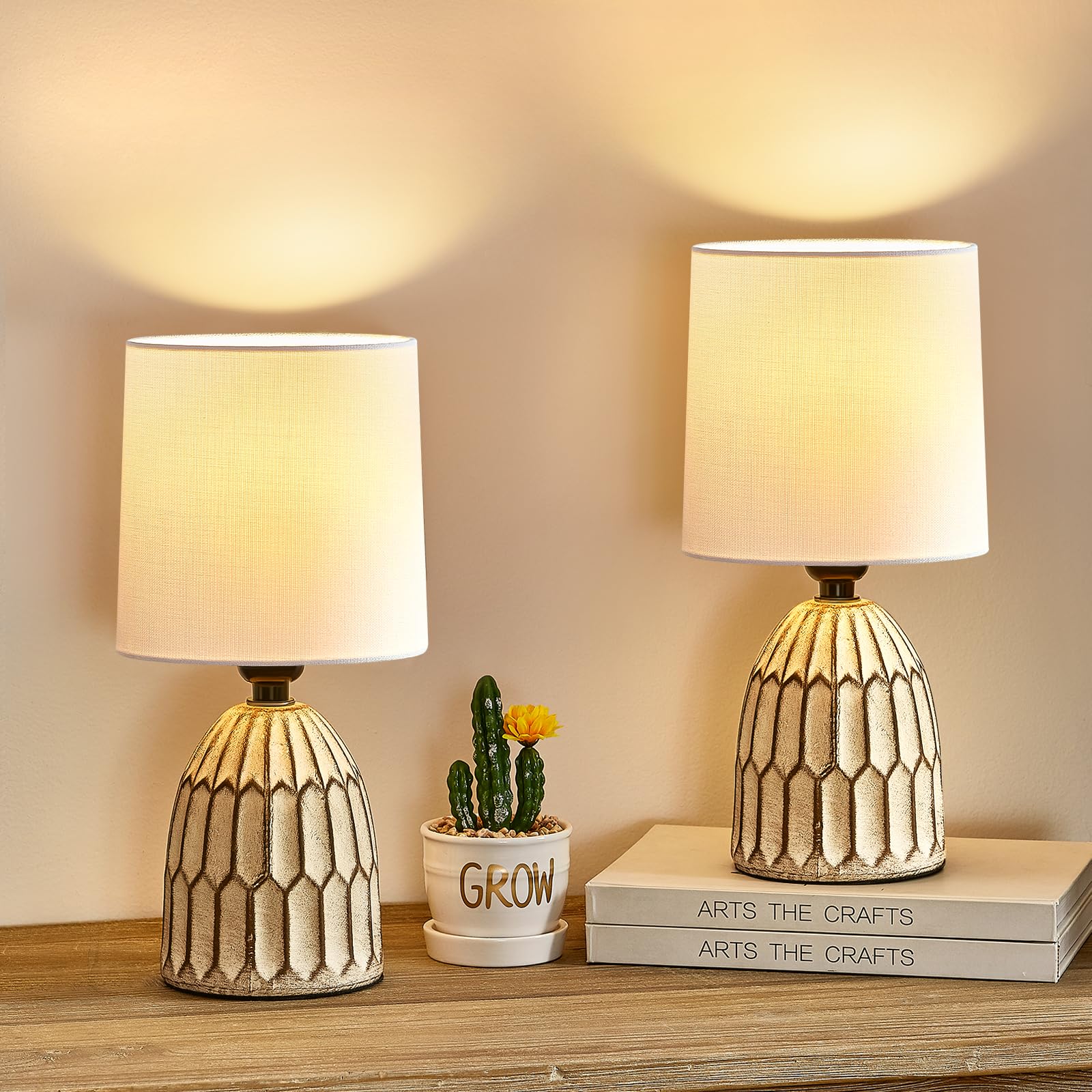 EJIAXIN Table Lamps Set of 2-13.5'' Small Boho Lamp - Bedside Lamps - Farmhouse Rustic Ceramic Table Lamp for Bedroom, Living Ro