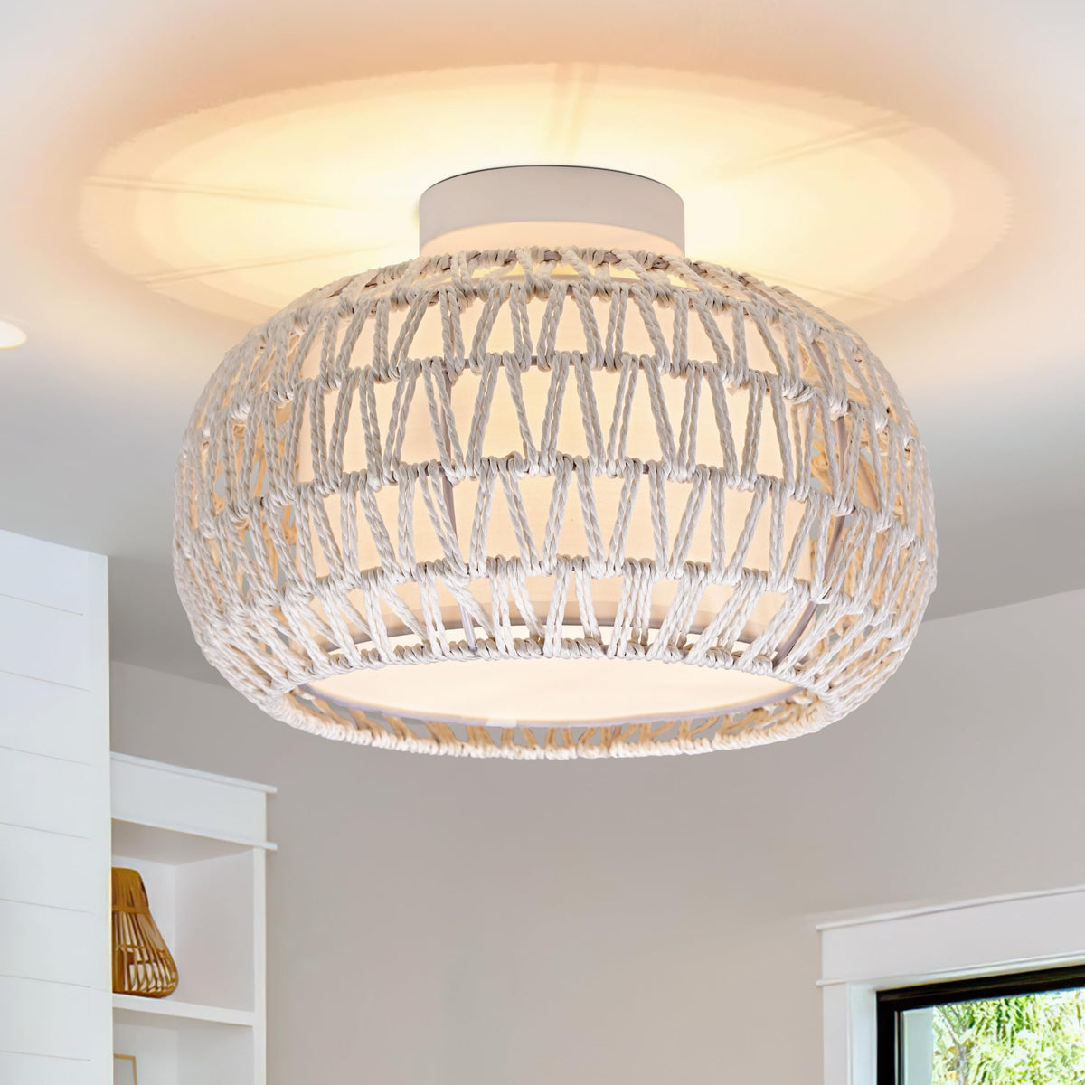 3-Light White Rattan Flush Mount Ceiling Light Fixture,12'' Farmhouse Ceiling Lights For Bedroom,Farbic Shade Rattan Ceiling Lig