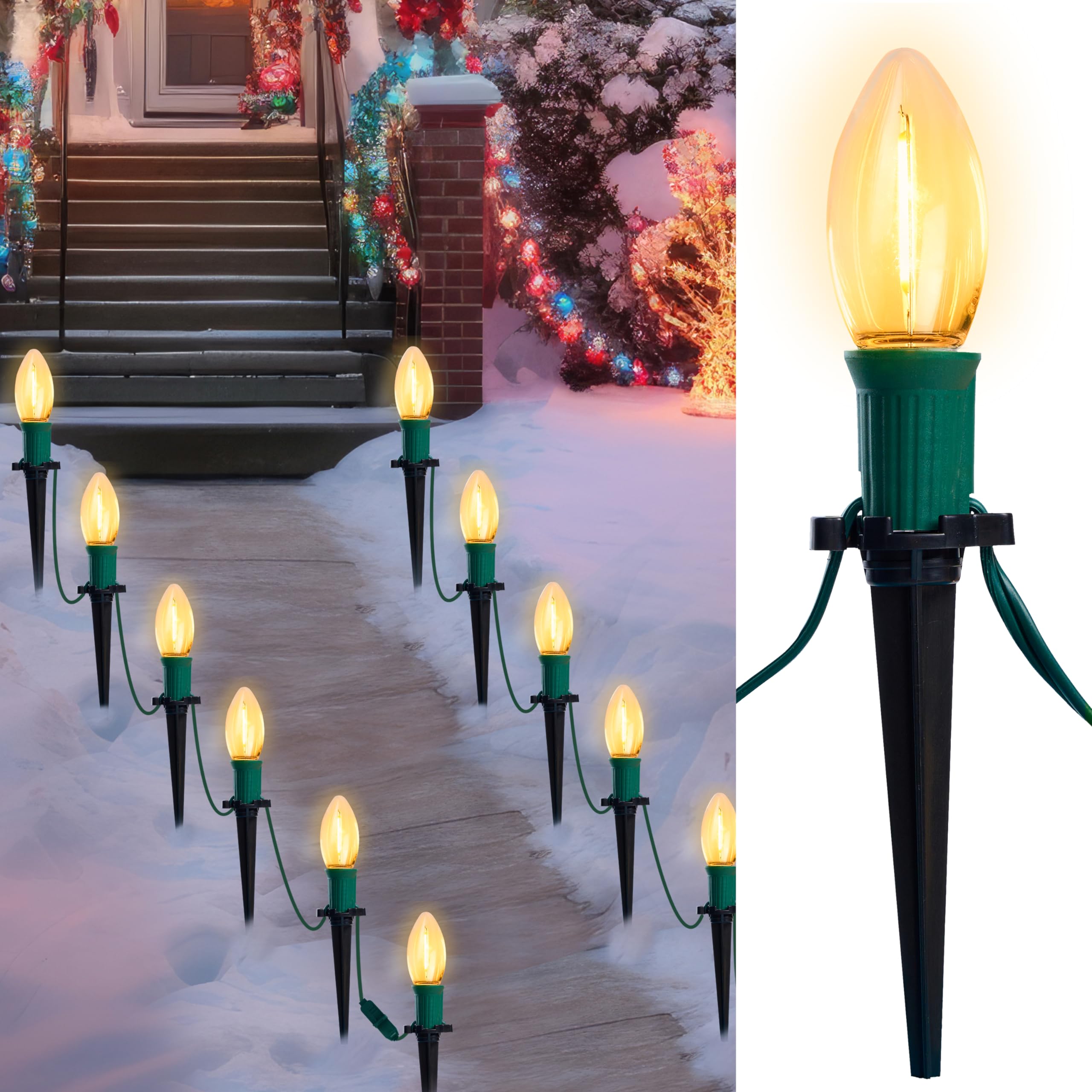 Joiedomi 24 Packs 30.75FT C9 Christmas Pathway Marker Lights  LED Warm White Waterproof Pathway Marker Outdoor Faceted Walkway Decor with Connectable for Holiday Xmas Yard Garden Lawn