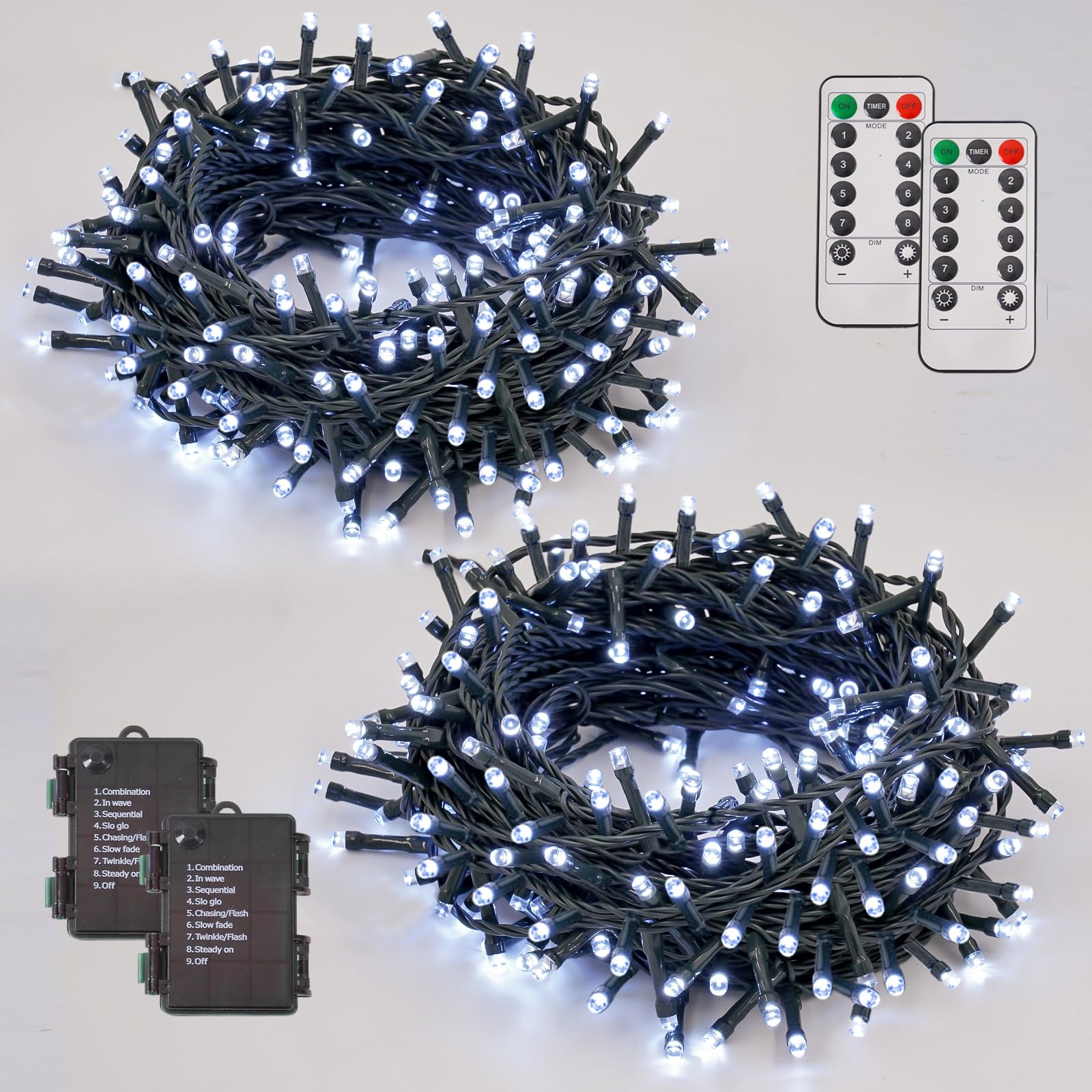 YEGUO Christmas Lights Battery Operated, 2 Pack Each 33ft 100 LED White String Lights Outdoor Waterproof, 8 Modes Green Wire Fai