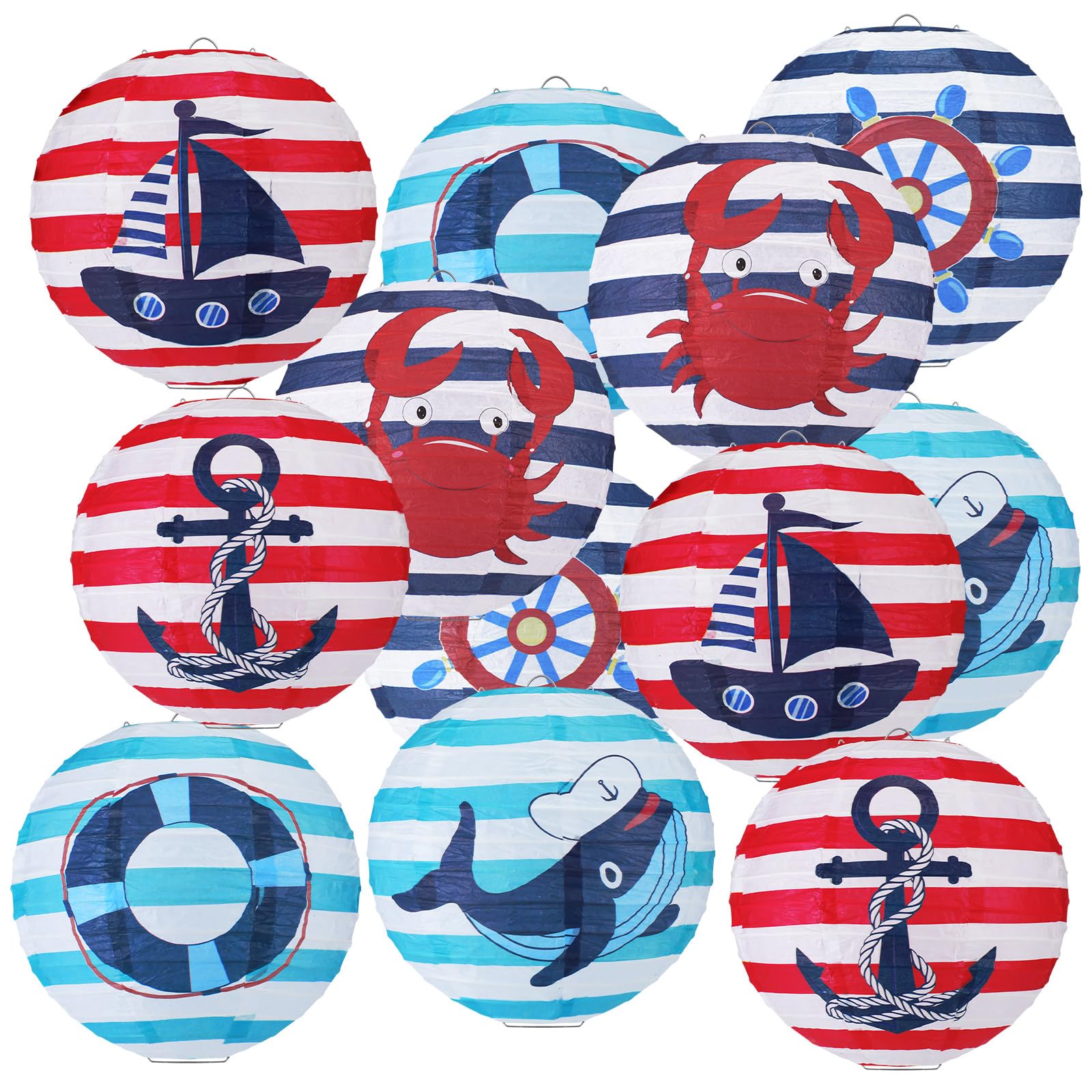 Panelee 12 Pcs Nautical Anchor Party Decorations Sailor Boat Cruise Ship Theme 8 Inches Hanging Paper Lanterns 8 Inches Round La