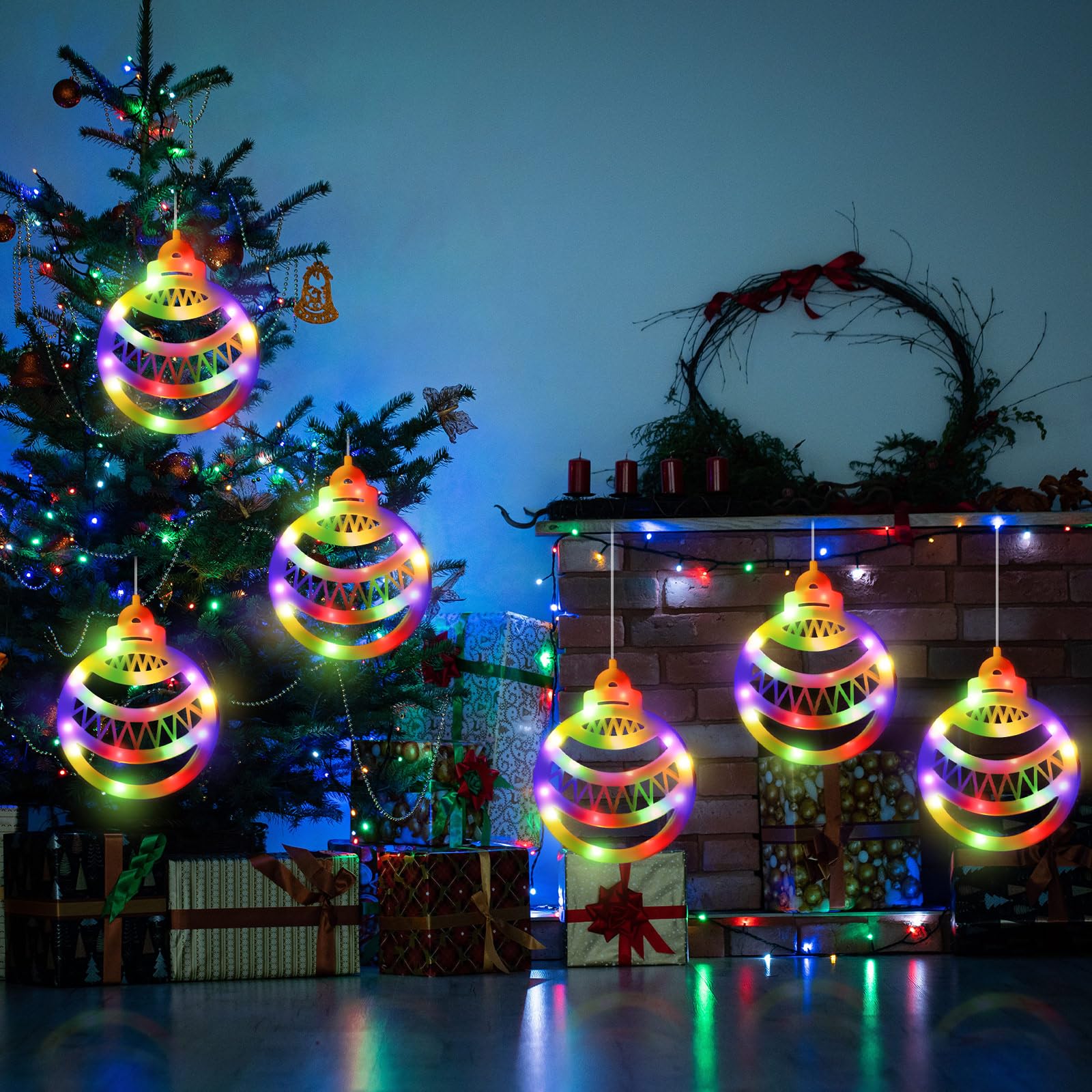 Gejoy Christmas Ball Window Lights - 6 Pcs Battery Powered Silhouette with Timer - Multicolor - Indoor/Outdoor Decor - Model GJ-Gejoy-890
