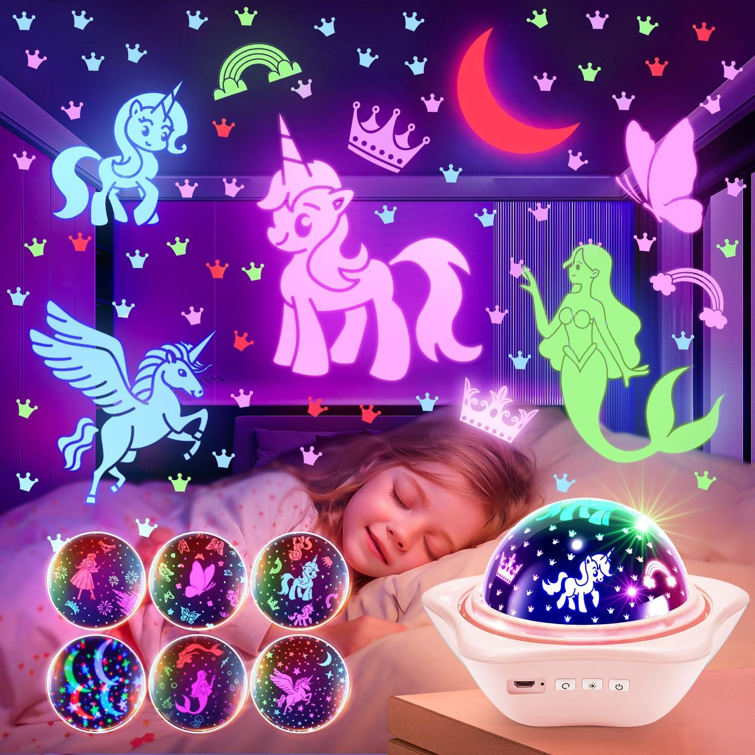 PIKOY Unicorn Room Decor for Girls Bedroom, 96 Lights+6 Films Unicorn Night Light for Girls Room Decor, Princess+Mermaid+Butterf