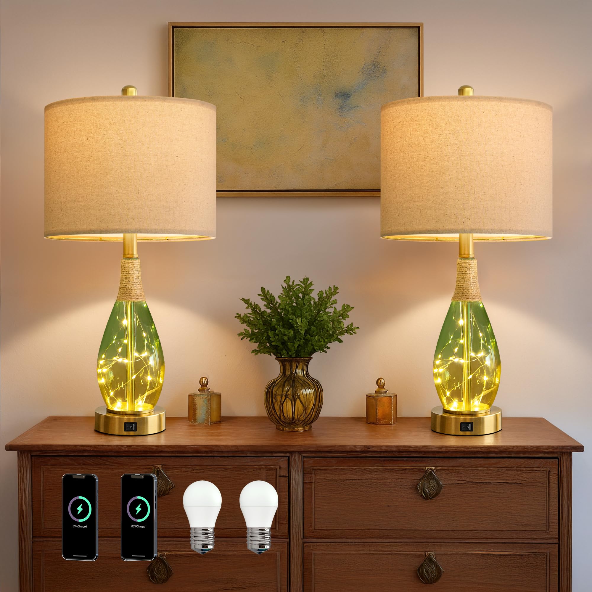 OYEARS 23 Table Lamps Set of 2 Farmhouse Lamps with Glass Nightlight  Bedside Lamps for Living Room  Rattan Lamps for Bedroom Nightstands  Two Light Points