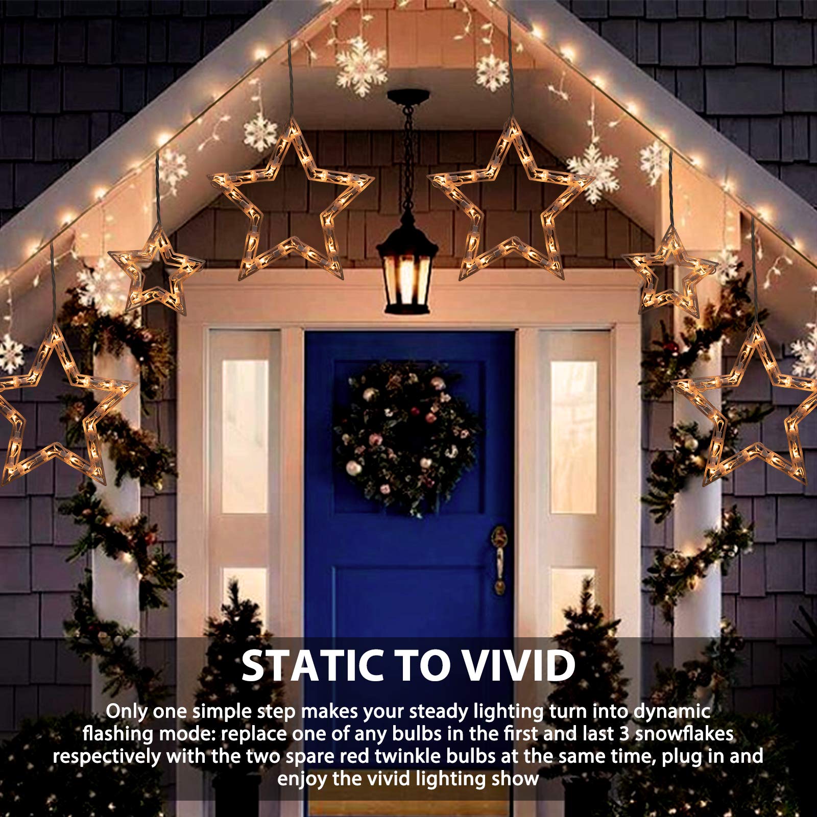 Minetom Christmas Star Icicle String Lights - 9ft with 100 Mini Bulbs, 6 Drops, Clear, Plug-in Connectable for Indoor/Outdoor Decor