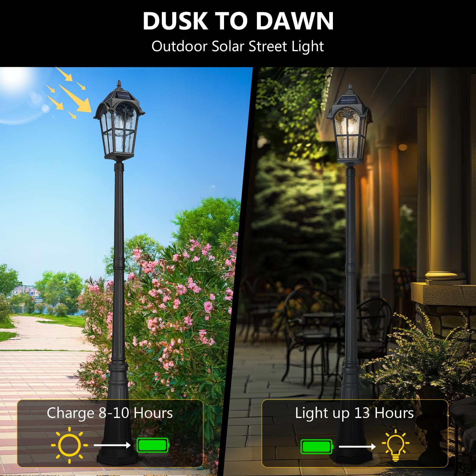 Emliviar Solar Powered Street Light Fixture, 85.4in Waterproof, LED Bulb, Remote Control, Aluminum, Black, Model YXE302MPL-SL BK