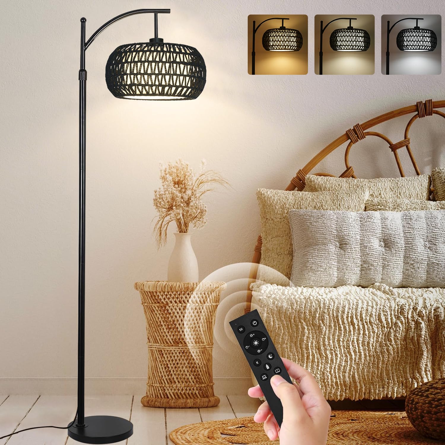 ZECOXOL Arc Floor Lamp with 3 Color Temperatures,Black Floor Lamp with Remote Control, Boho Standing Lamp with Rattan Wicker Sha