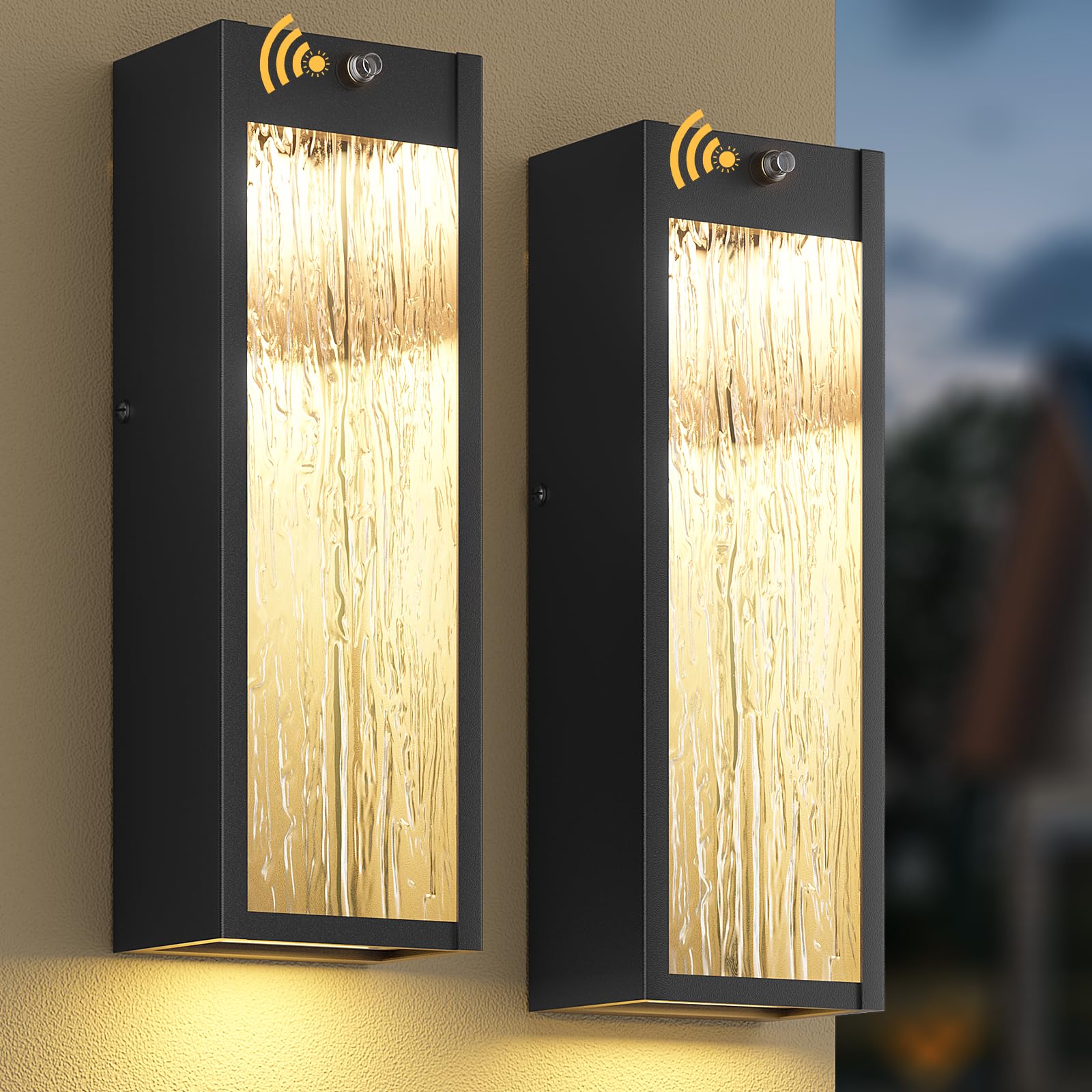 SIAFAVOI Dusk to Dawn LED Outdoor Wall Light, 15in, Black Metal, Waterproof, Modern Design, 2 Pack