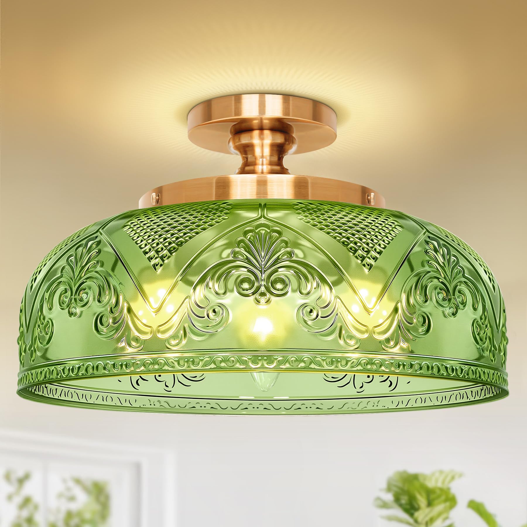 Slypadan Green Semi Flush Mount Ceiling Light  12 Inch Large Ceiling Light Fixture Gold  3-Light Globe Glass Farmhouse Kitchen Lighting Fixtures For Bathroom  Hallway  Dining Room (Bulb Not Included)