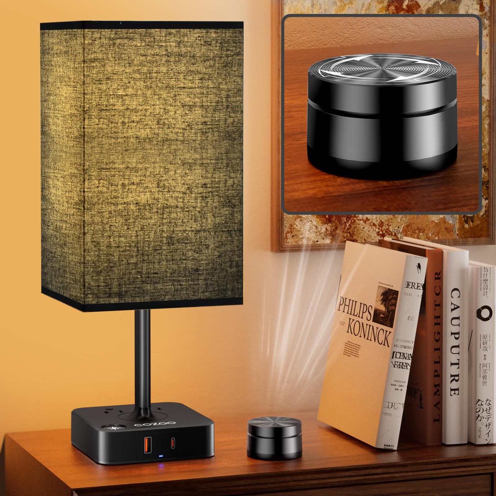 cozoo Table Lamp with Remote Control, Dimmable, USB C+A Charging, 2 AC Outlets, Standard Size, Black Shade, Model MC018S