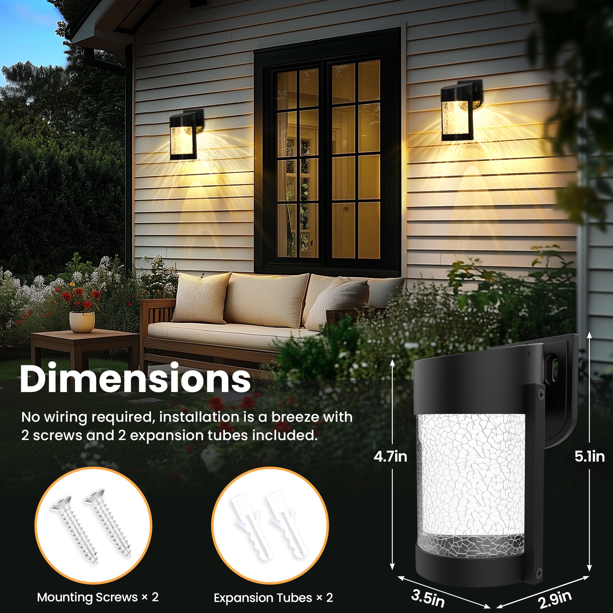 Pevoros 2 Pack Solar Wall Lights Outdoor, Ip65 Waterproof Wall Light For Porch, Fence, Shed, Barn, Patio, Glass Crackle Lampshad