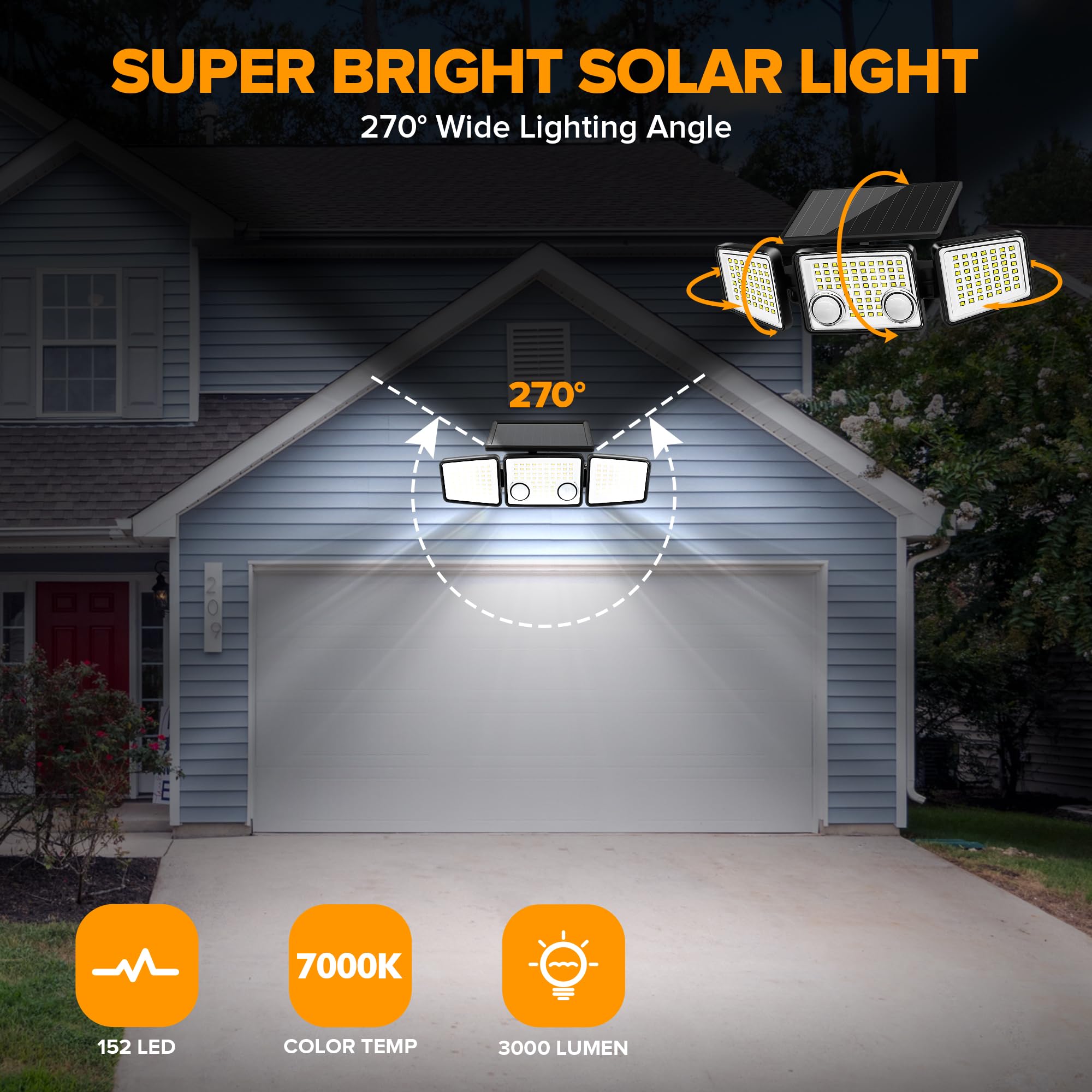 UME Solar Outdoor Lights 3000 Lumen, 152 LED Motion Sensor, IP65 Waterproof, 2 Pack, Black - Model S2S-2