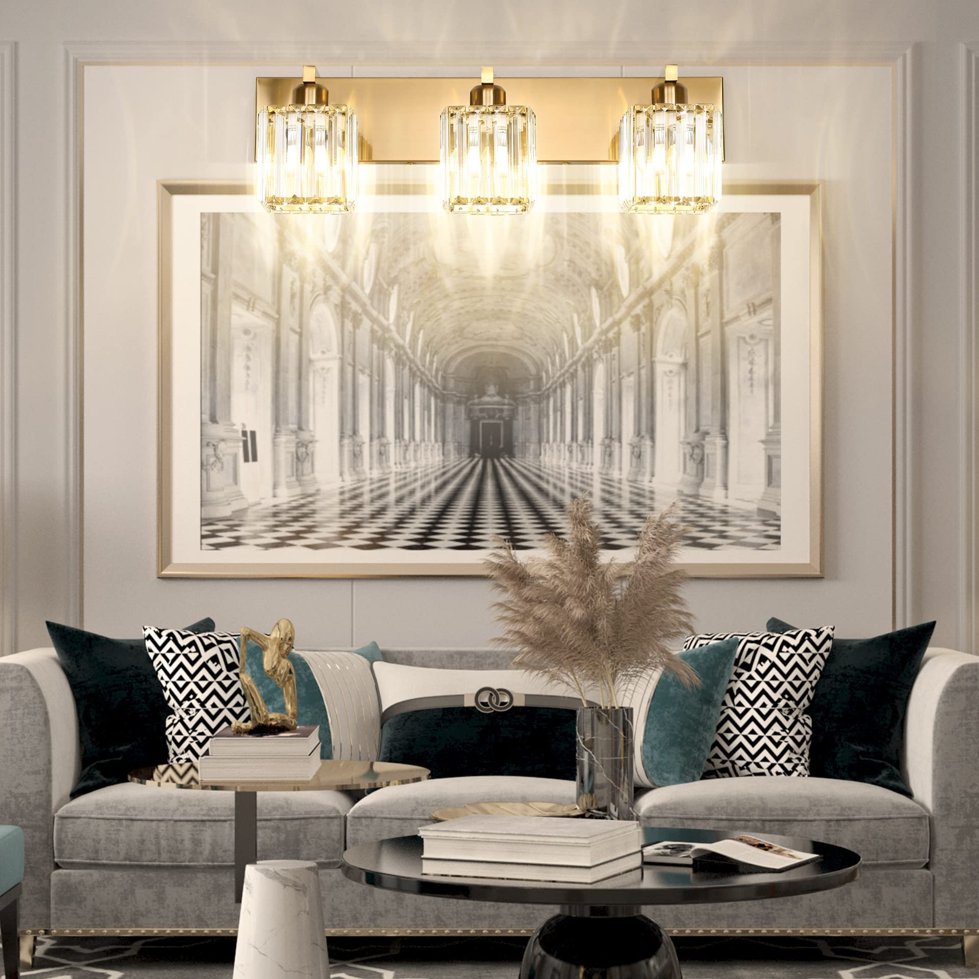 Aipsun Brass Bathroom Vanity Light Fixtures, 3-Light, Aluminum, Model 8461, Crystal Shade