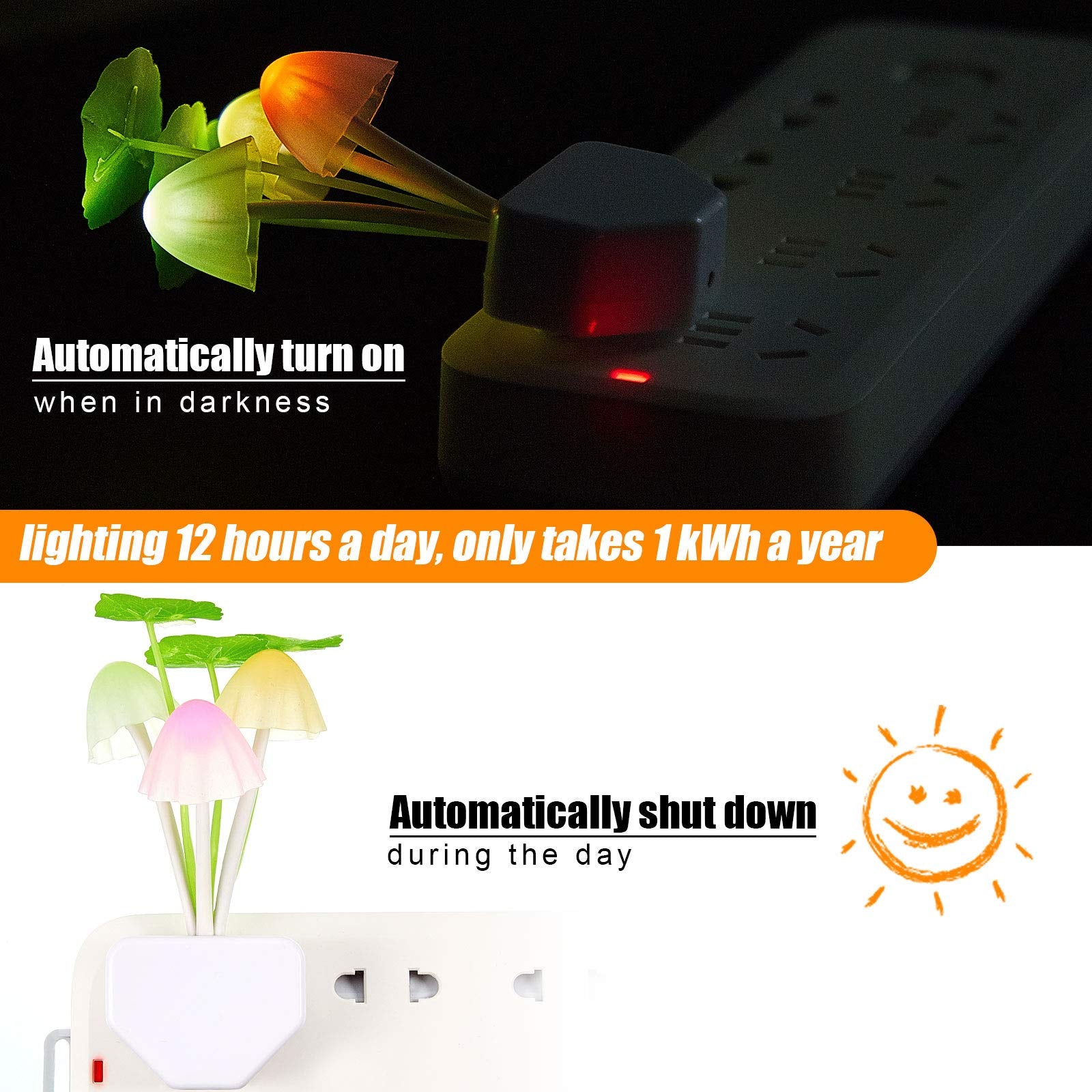 Mudder 6 Pcs Mushroom Night Lights, LED Color Changing Plug Light Sensor Wall Lamp for Kids and mature-themeds, ABS Material