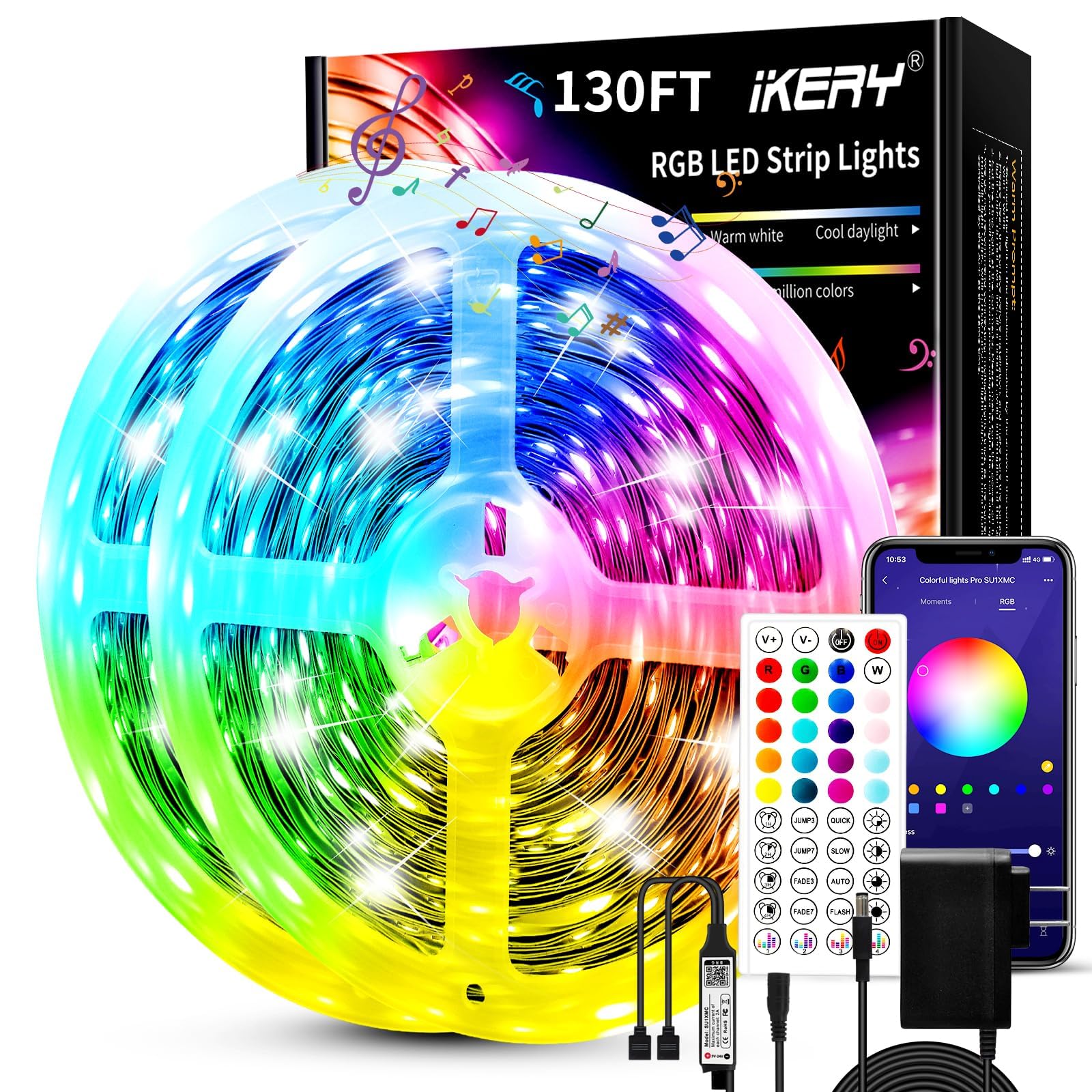 IKERY LED Strip Lights, 130ft RGB Music Sync, Bluetooth Controller, Cuttable & Dimmable, Multicolor, PVC