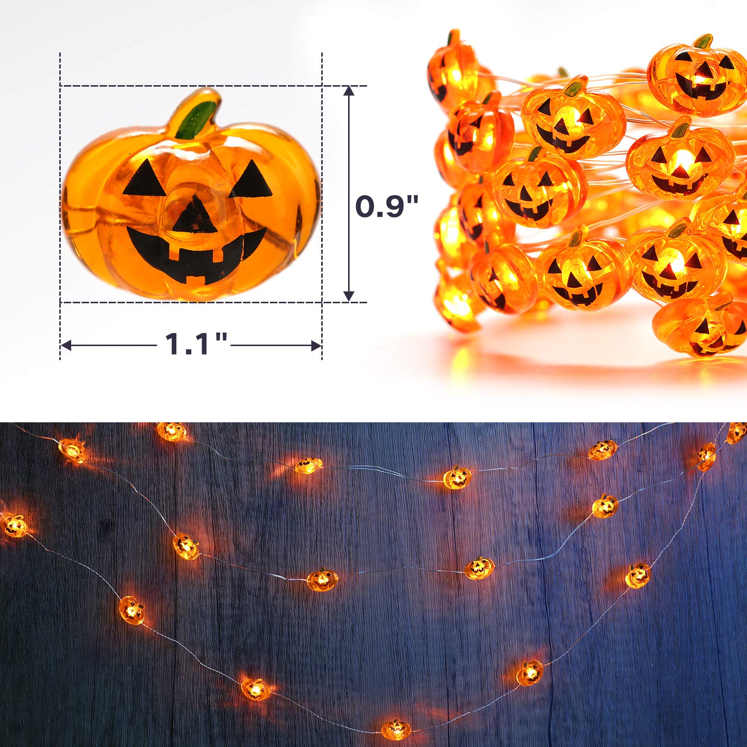 Jnaurb Halloween Pumpkin String Lights, 40 LED, 13.5ft, Waterproof, Battery Operated, Orange, Model LF-B40OR-2