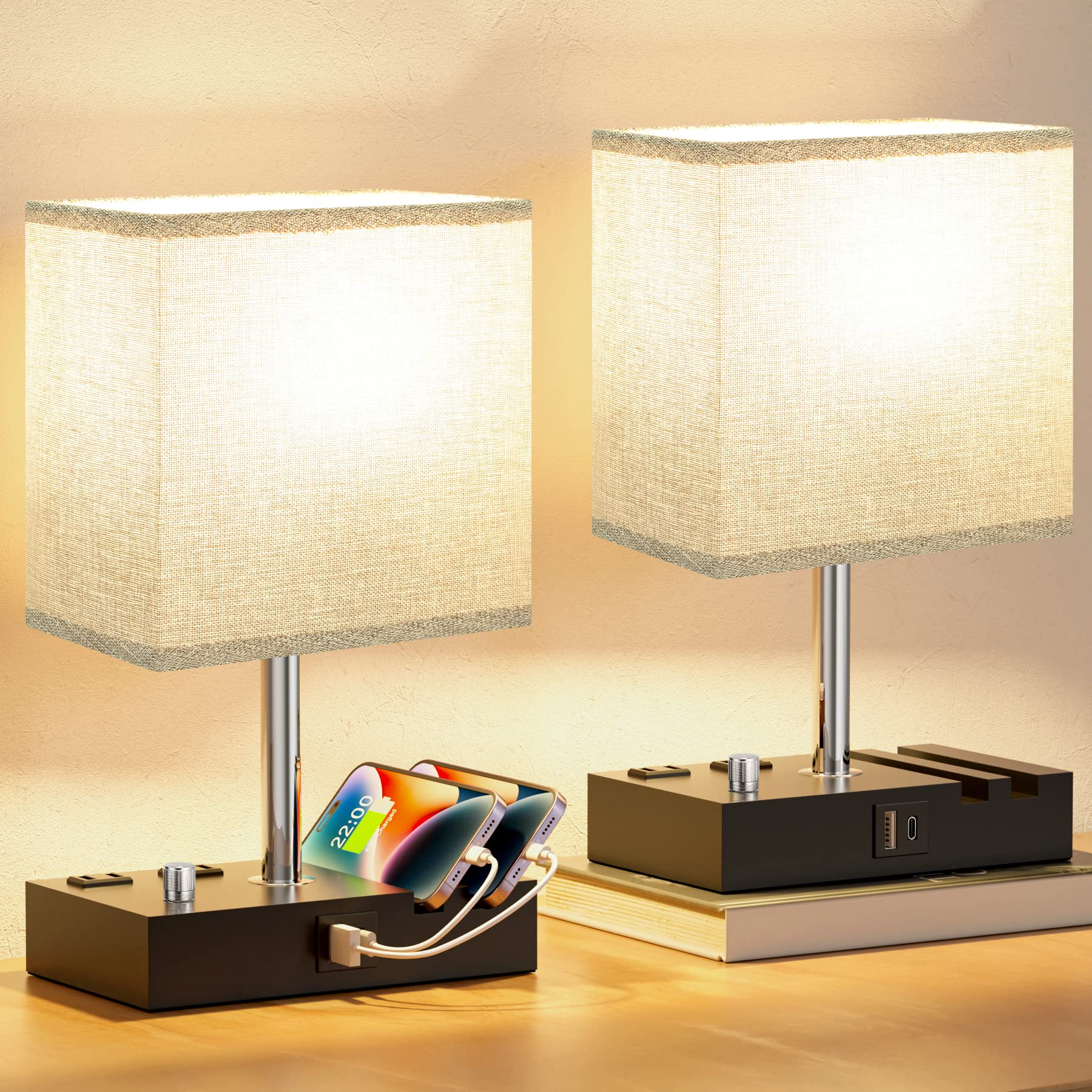 Kakanuo Bedside Lamps Set Of 2, Fully Dimmable Grey Wooden Table Lamps With Usb C Ports And Phone Stand, Bulb Included