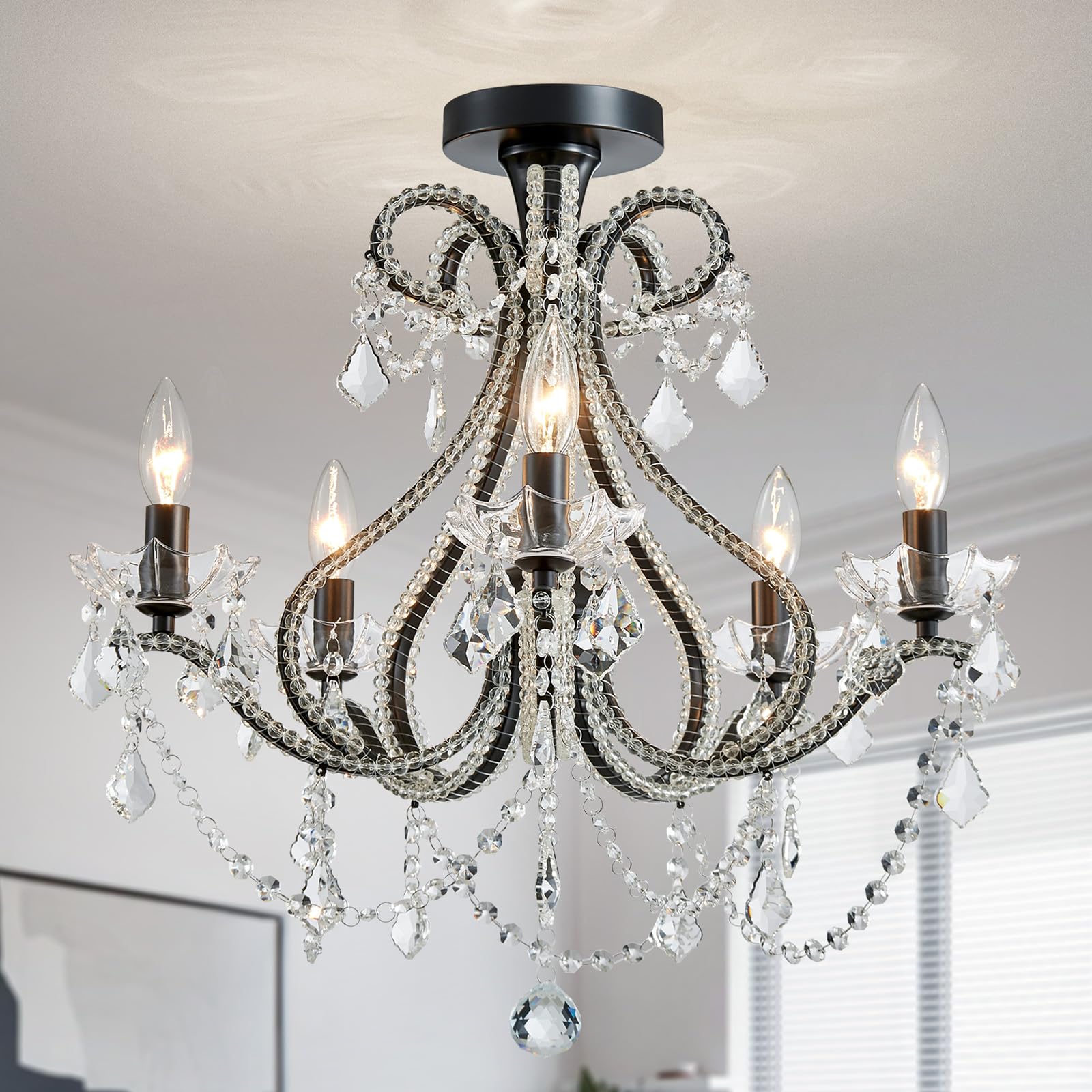 WUZUPS 5-Light Crystal Candle Chandelier Flushmount Ceiling Light, 20.9inH x 22inW, Black, Metal, Model USHD-5511506BK