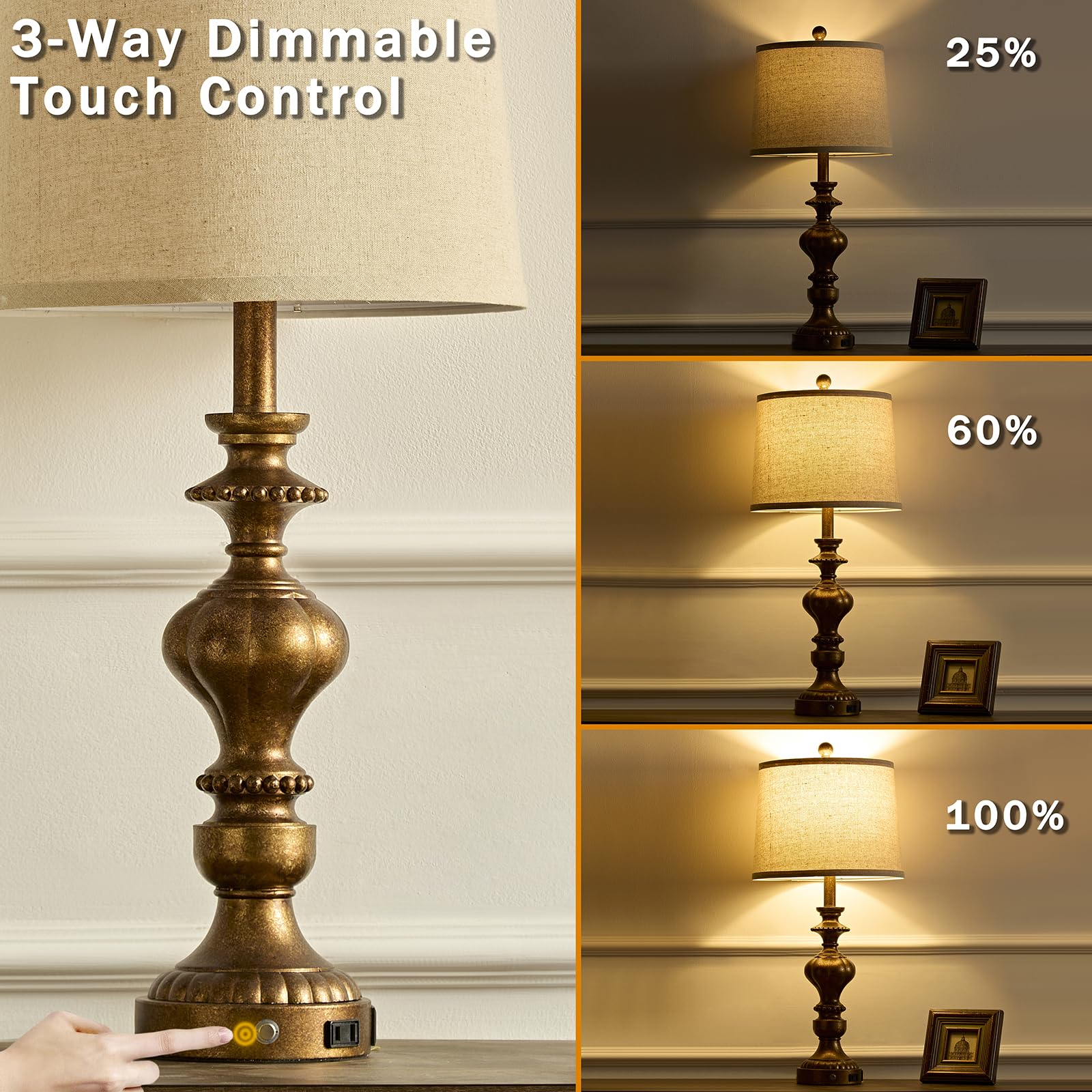 SAIWEYA Table Lamps Set of 2, 27.5in Touch Dimmable with USB C+A Ports & AC Outlet, Copper, Model TM-T03
