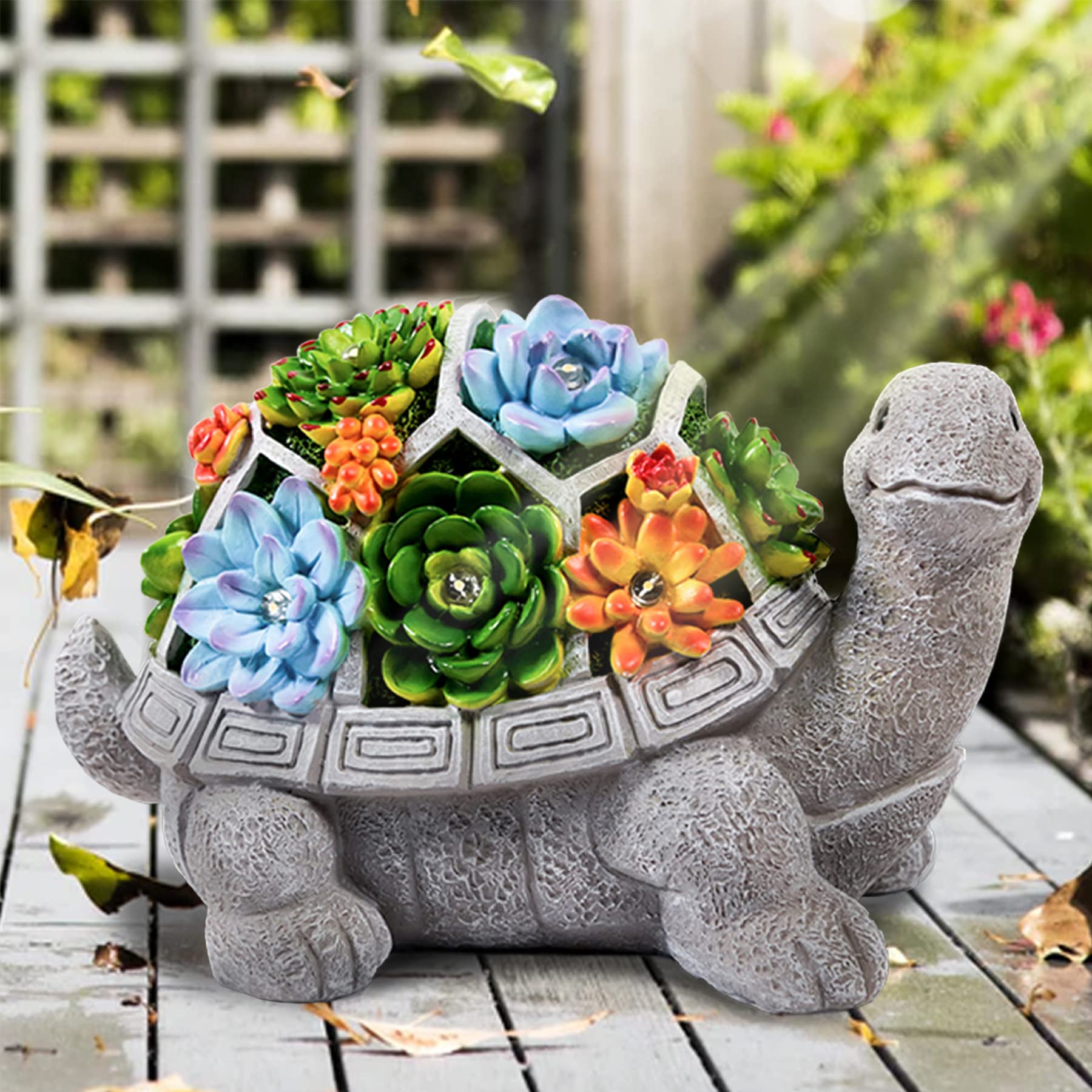 LESES Turtle Garden Statue with 7 LED Lights, Resin, 9inD x 5inW x 6inH, Multicolor Outdoor Decor for Patio and Yard
