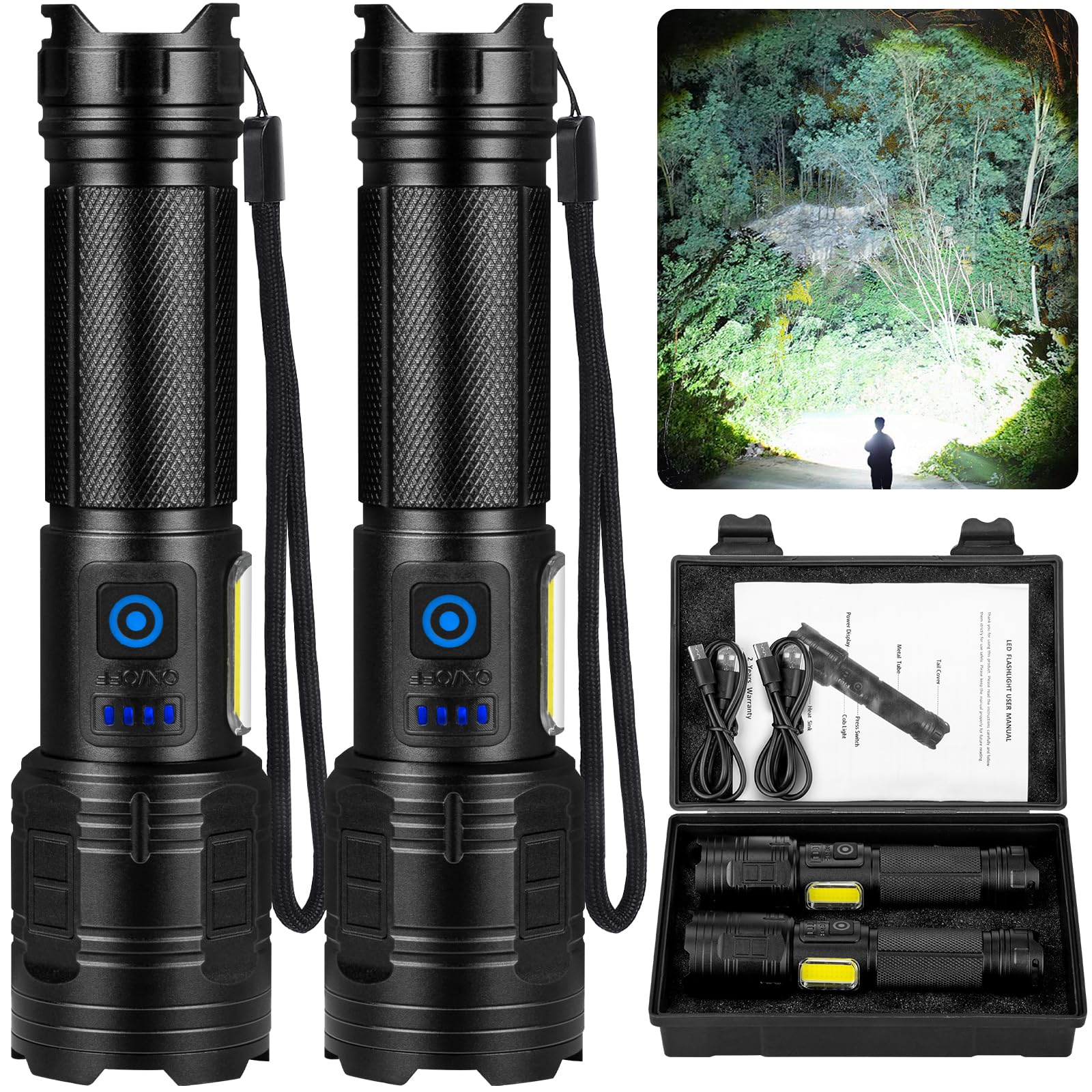 Rechargeable Flashlights 90,000 High Lumens - 2 Pack, Super Bright Flash Light with 7 Lighting Modes, 24H Long Life Powerful Fla