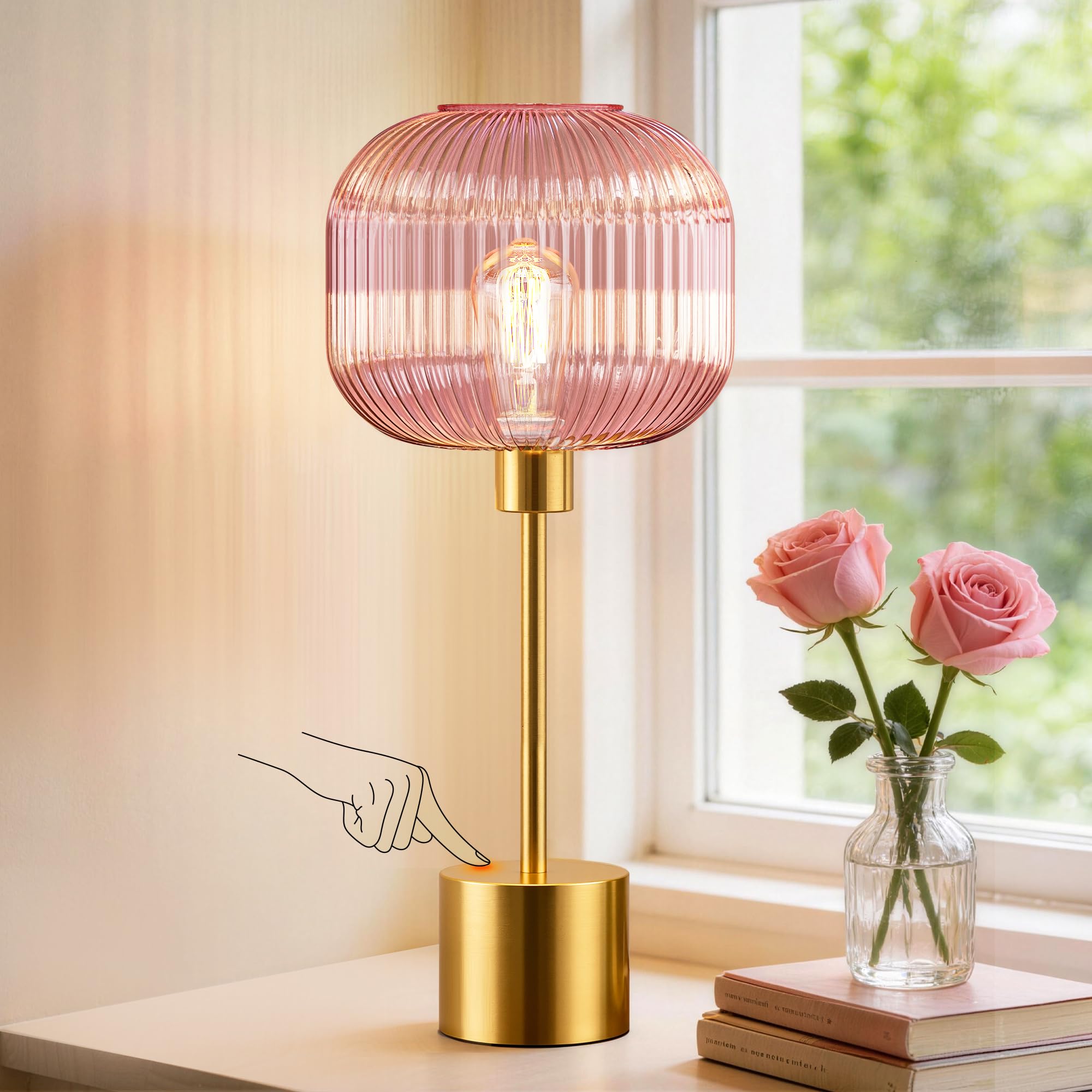 QiMH Glass Table Lamp for Living Room  Modern Bedside Lamp with Pink Ribbed Glass Shade  3-Way Dimmable Touch Control Nightstand Lamp for Bedroom  Brushed Gold (2700K LED Bulb Included)
