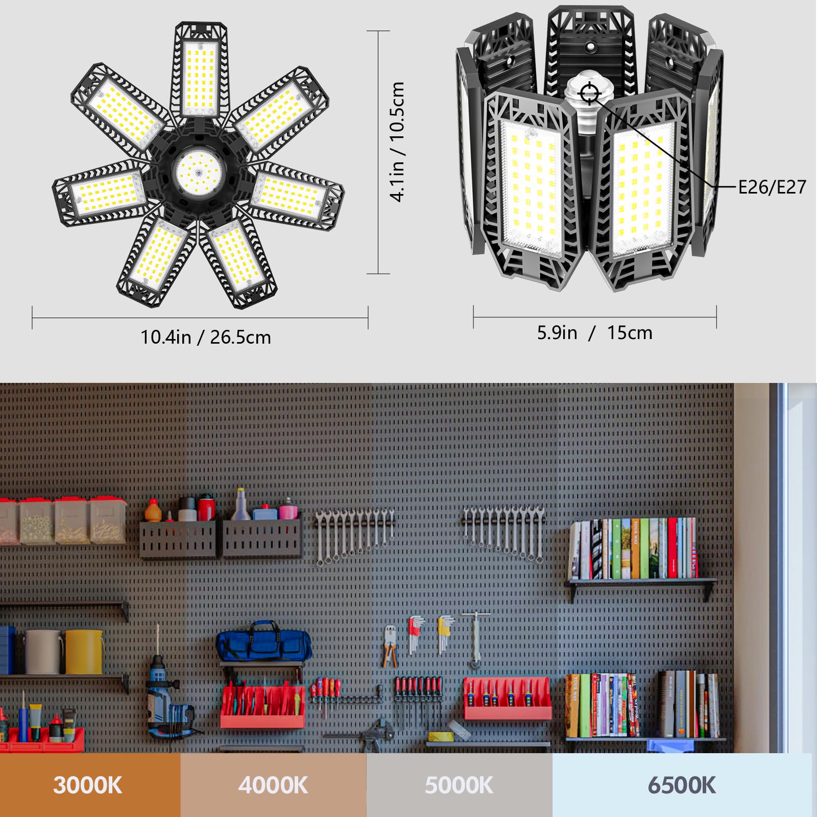 CHENGCHILIT LED Garage Light 200W 20000LM 6500K with 7+1 Adjustable Panels E26/E27 for Workshop Storage Room Warehouse