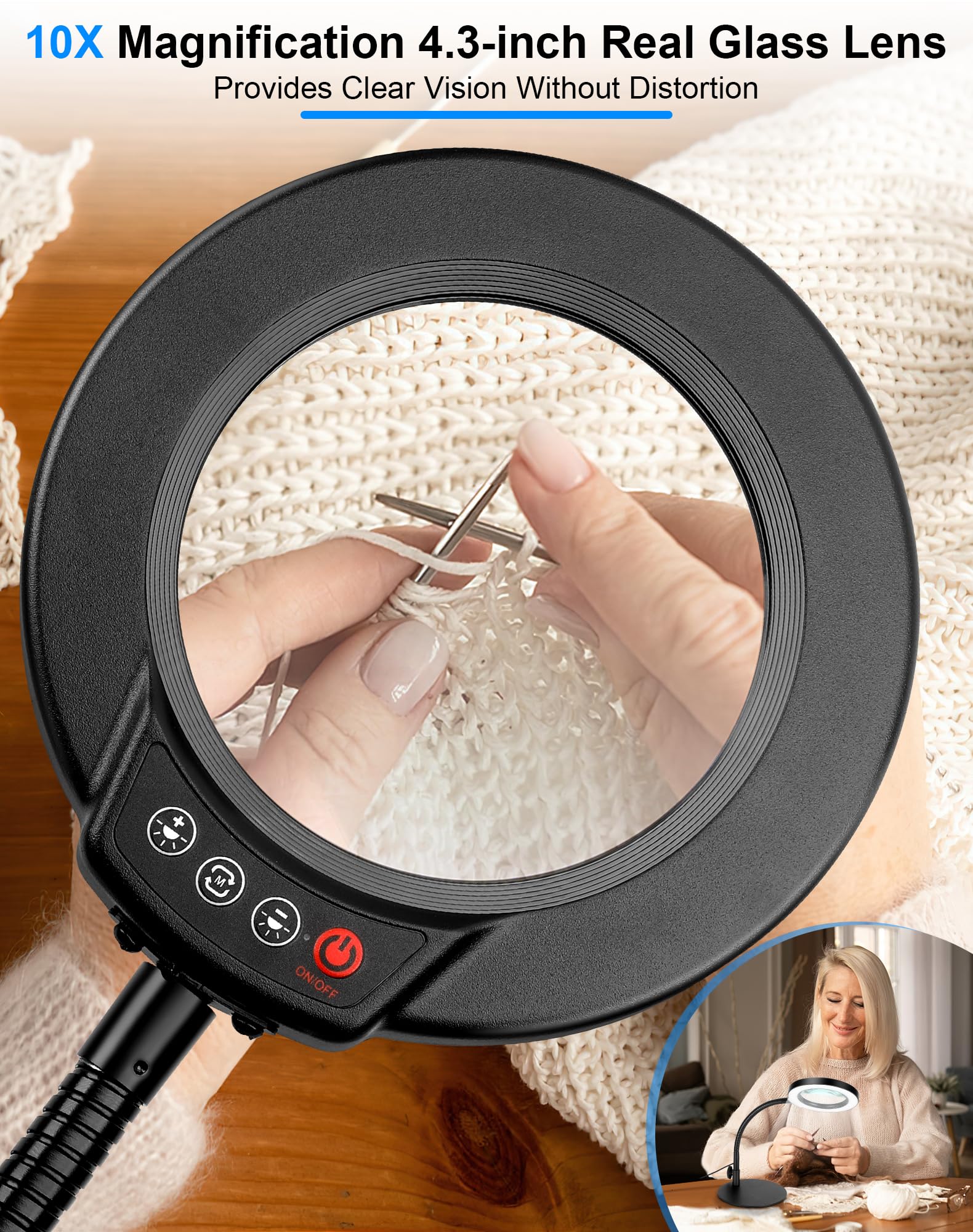 Coyeth Magnifying Glass With Light And Stand, Hands Free Magnifying Lamp, 5 Color Modes 10 Dimmable Brightness, Metal Base Desk