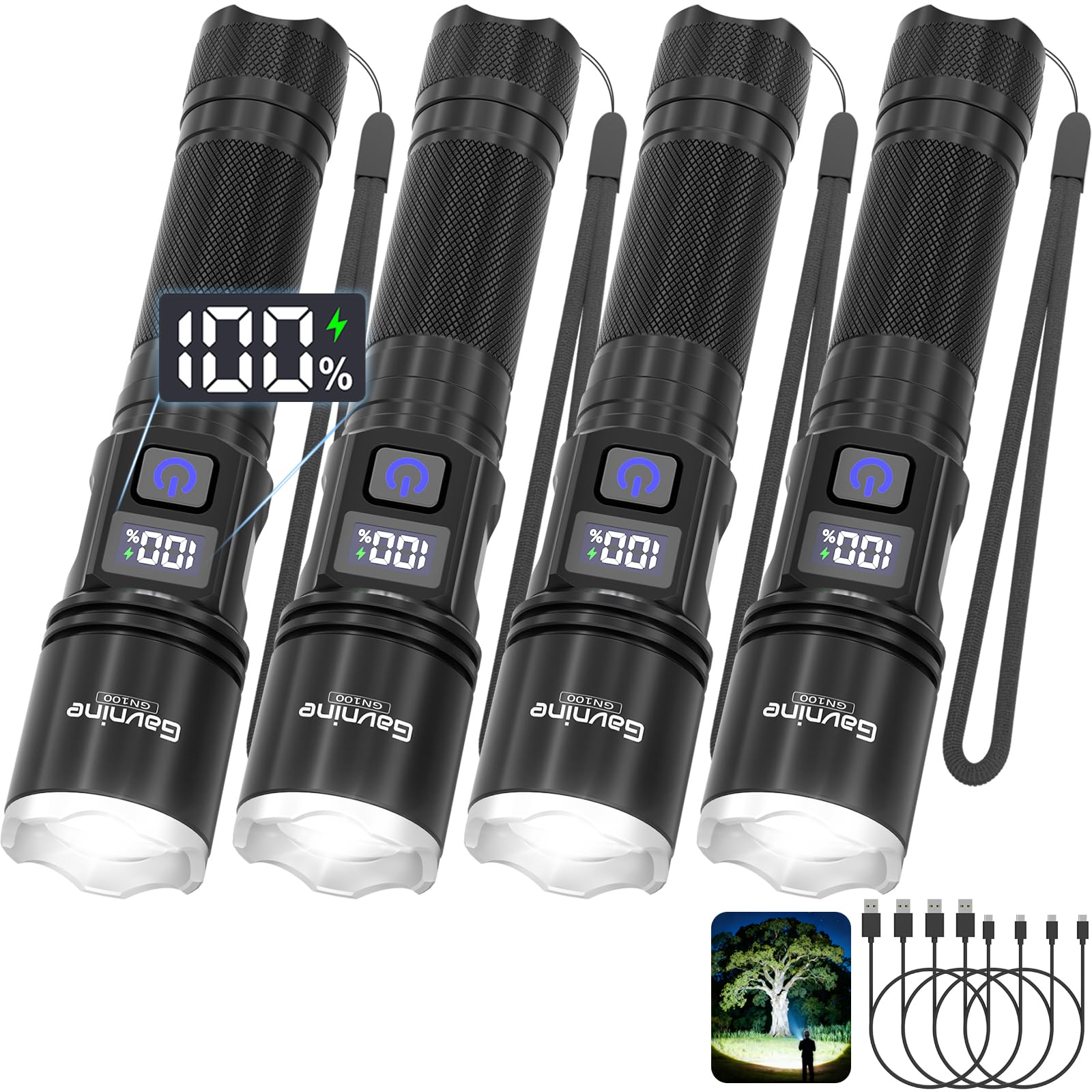 Gavnine Rechargeable Flashlights 4 Pack-Super Bright High-Lumen LED Tactical Light with LCD Display and 5 Adjustable Modes for H