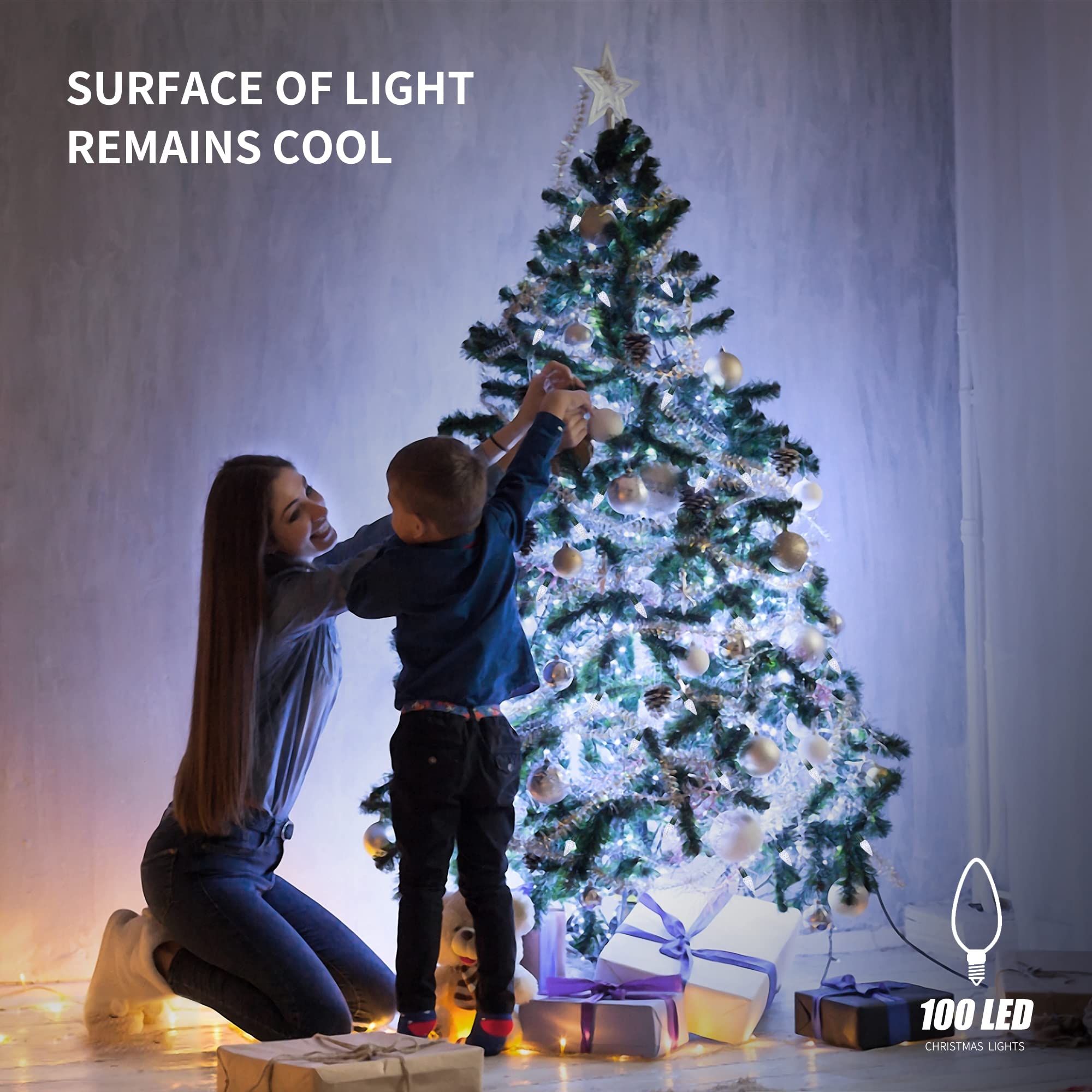 WATERGLIDE 33ft 100 LED Faceted String Lights, Cool White, Green Wire, Waterproof, 8 Lighting Modes, Indoor Outdoor Decor