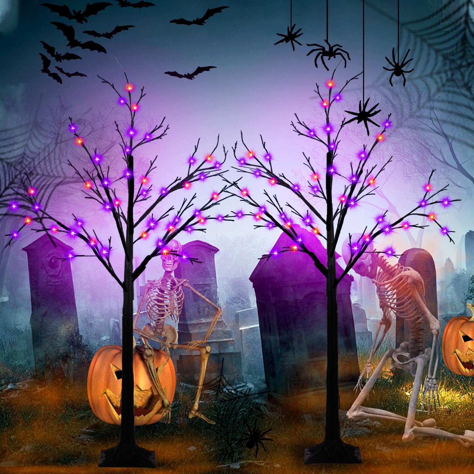 2-Pack 4FT Lighted Black Halloween Tree with 96 LED Orange & Purple Lights (Higher Size & Floor Standing), Halloween Decorations